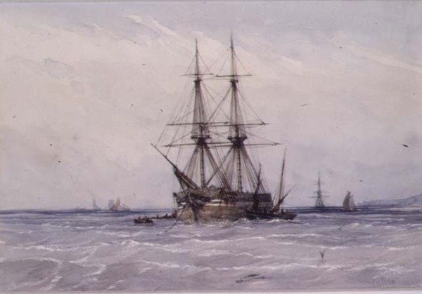 Brik voor anker en boten ernaast door William Callow