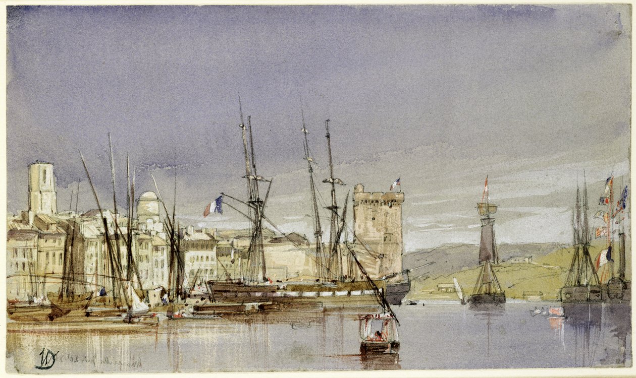 Marseille, schepen voor anker en een koopvaardijschip in de windstilte, 1836 door William Callow