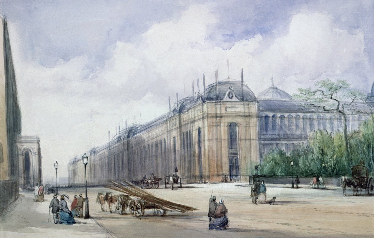 Zuidoostelijke aanblik van het 1862 Exhibition Building, langs Cromwell Road door William Callow