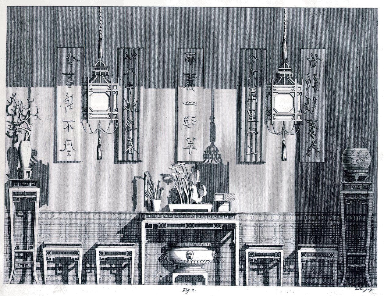 Interieur, Chambers, Sir William (1723-96) uit Ontwerpen van Chinese Gebouwen, 1759, Zwart-wit Gravure door William Chambers