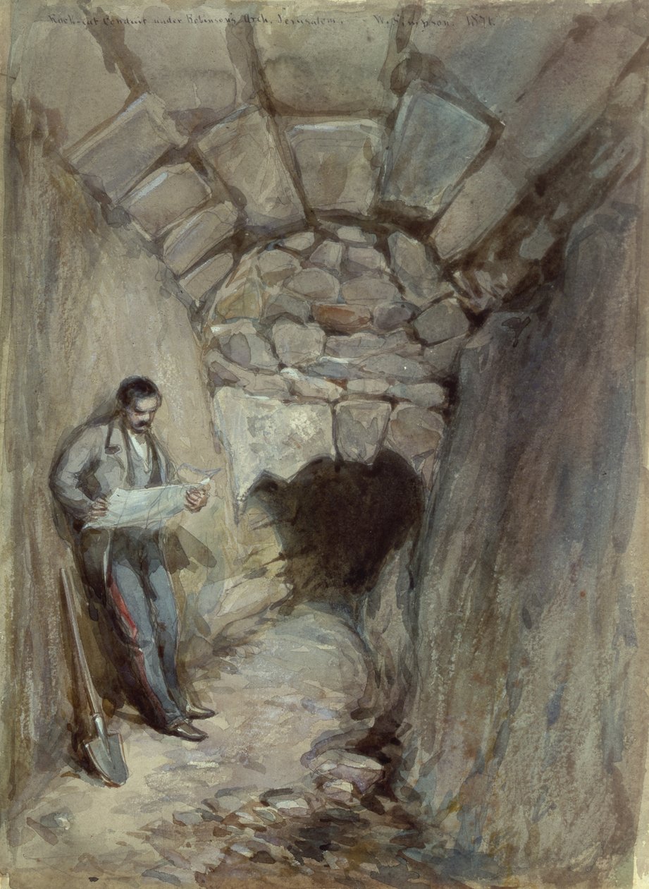 Rots uitgesneden waterleiding onder Robinsons Boog, Jeruzalem, 1871 door William Crimea Simpson