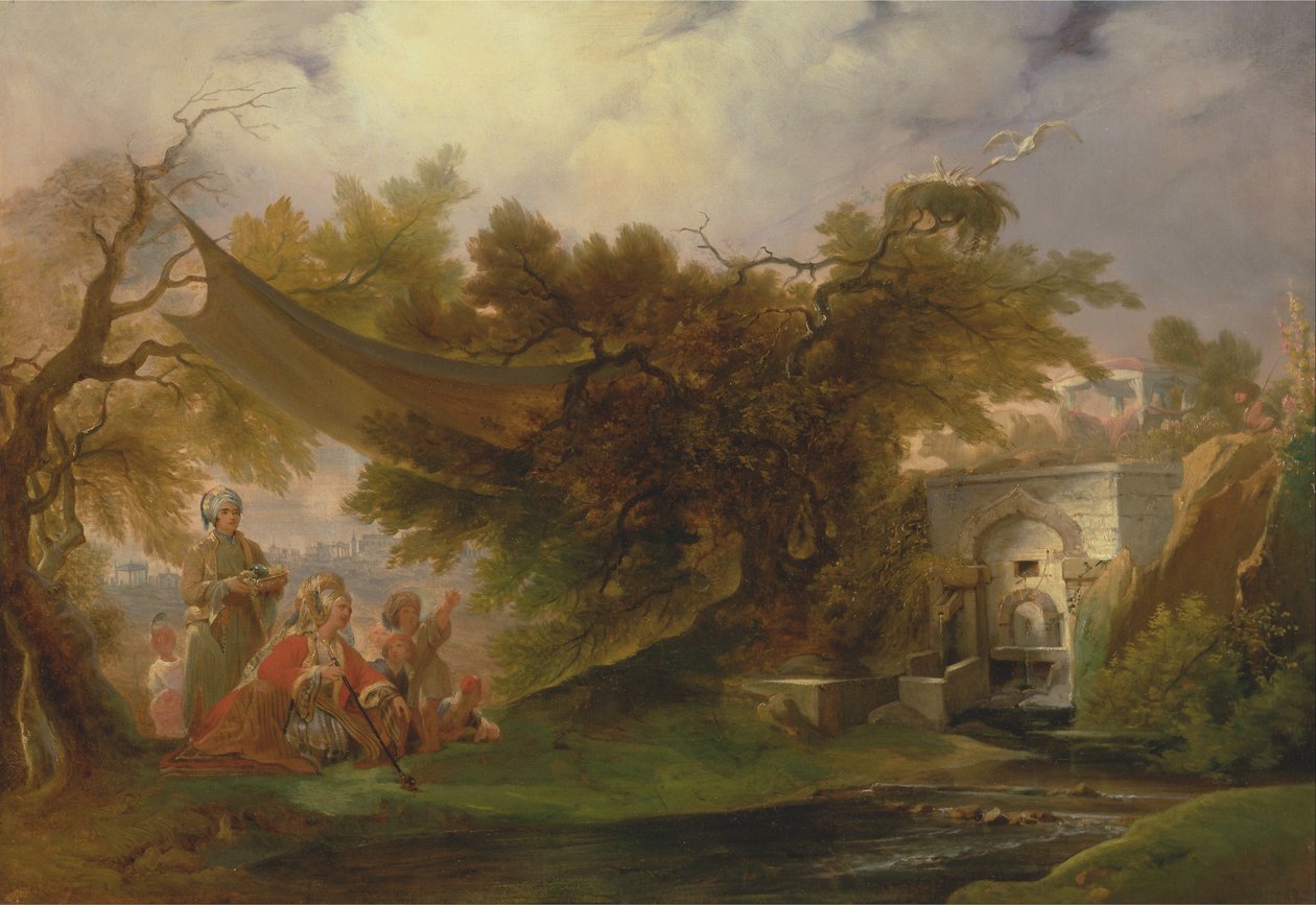 Indiaas landschap met figuren bij een stroom door William Daniell