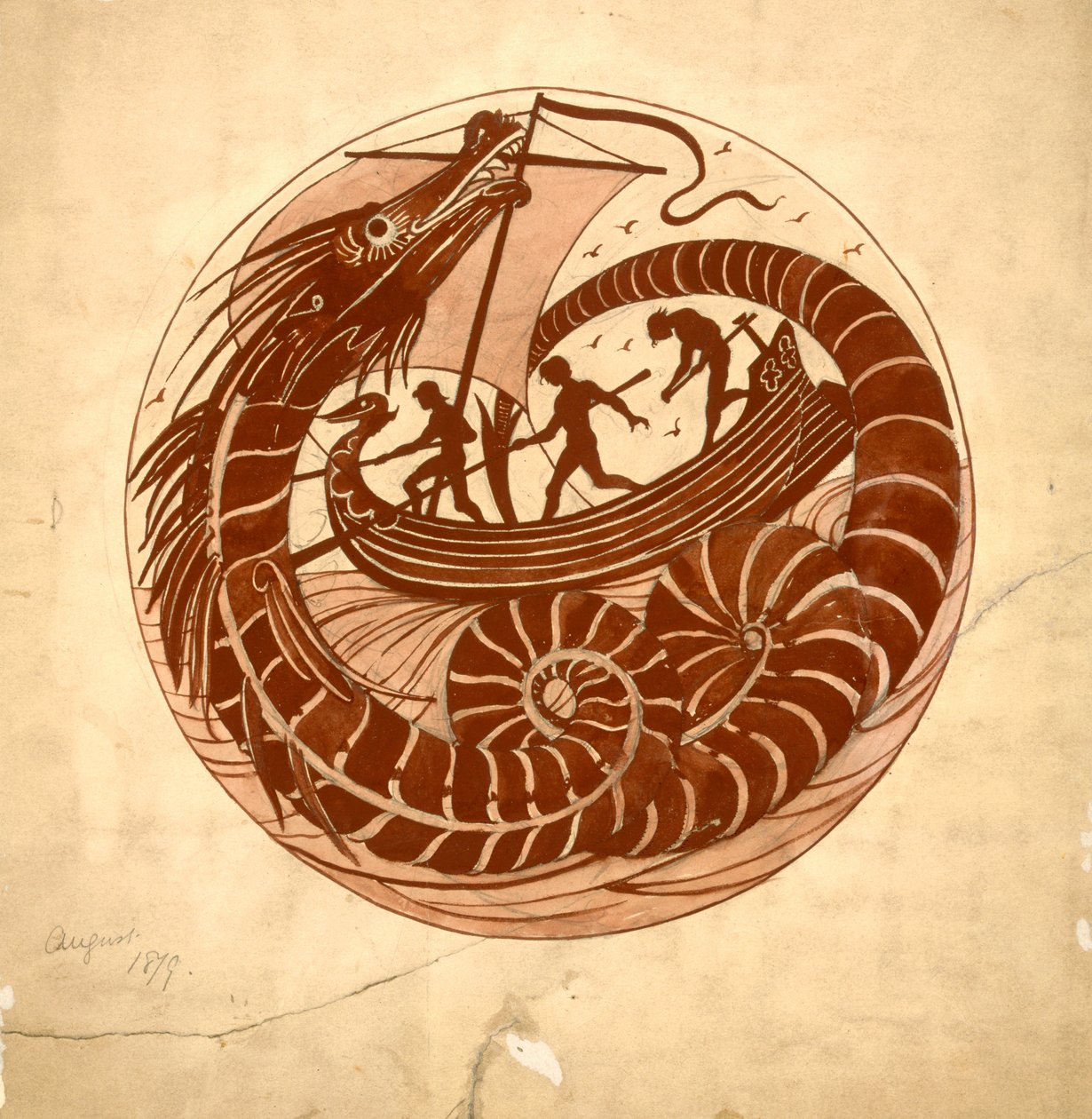Ontwerp voor een Schotel met een Zeedraak en Boot door William de Morgan