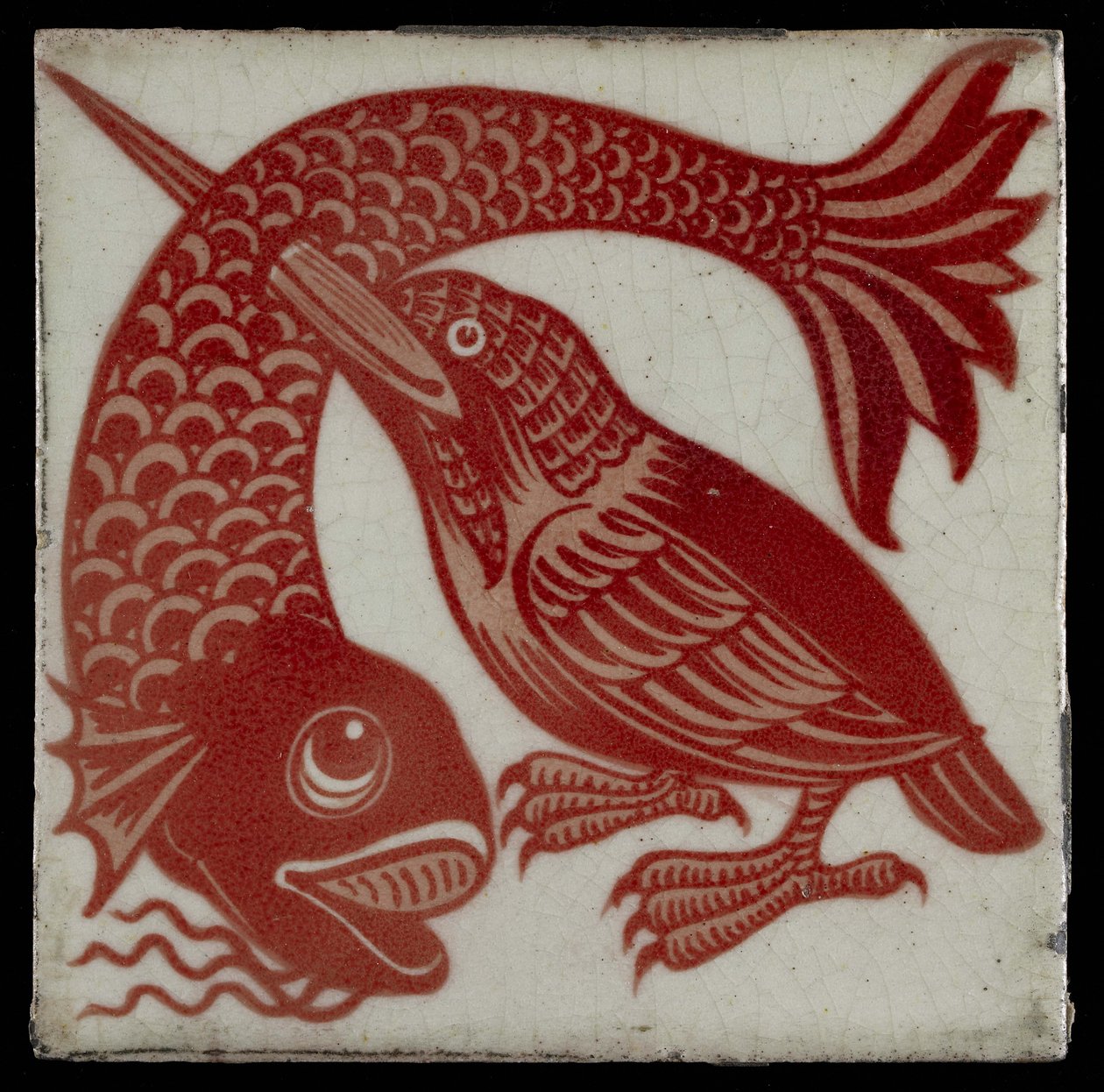 Tegel met IJsvogel met Snavel door Vis, 1882-88 door William de Morgan