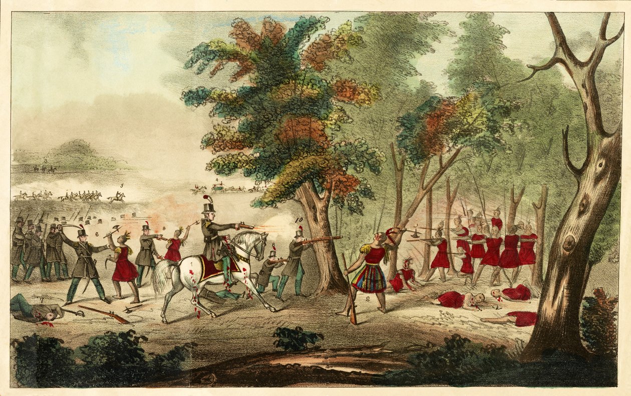 Slag bij de Thames en de dood van Tecumseh, door de Kentucky Mounted Volunteers onder leiding van kolonel Richard M. Johnson, 5 oktober 1813, 1833 door William Emmons