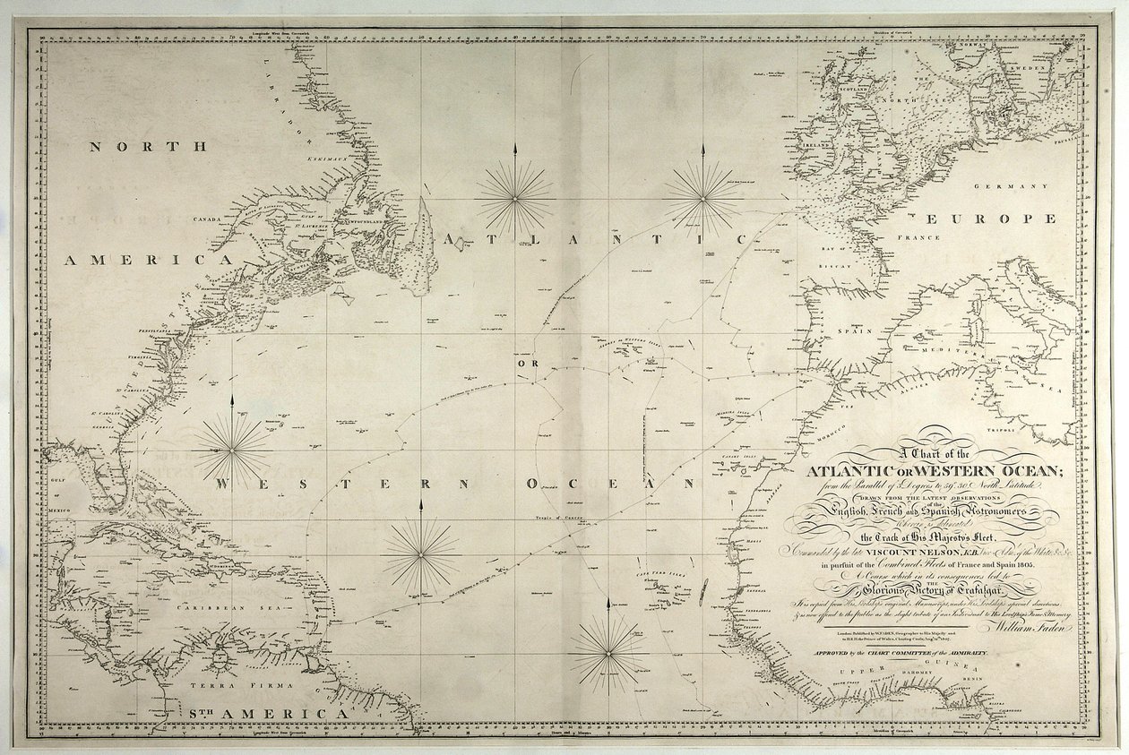 Een kaart van de Atlantische of Westelijke Oceaan, met de route van Nelsons vloot, 12 mei-15 augustus 1805, 1807 door William Faden