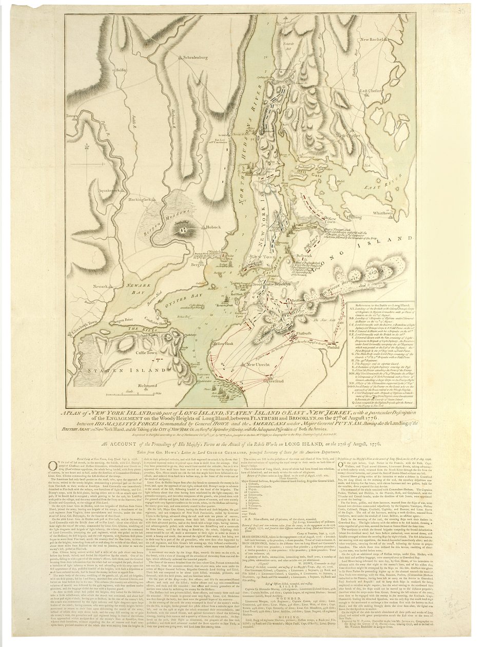 Een plan van New York Island, met een deel van Long Island, Staten Island en East New Jersey, met een bijzondere beschrijving van het gevecht op de beboste hoogten van Long Island tussen Flatbush en Brooklyn door William Faden
