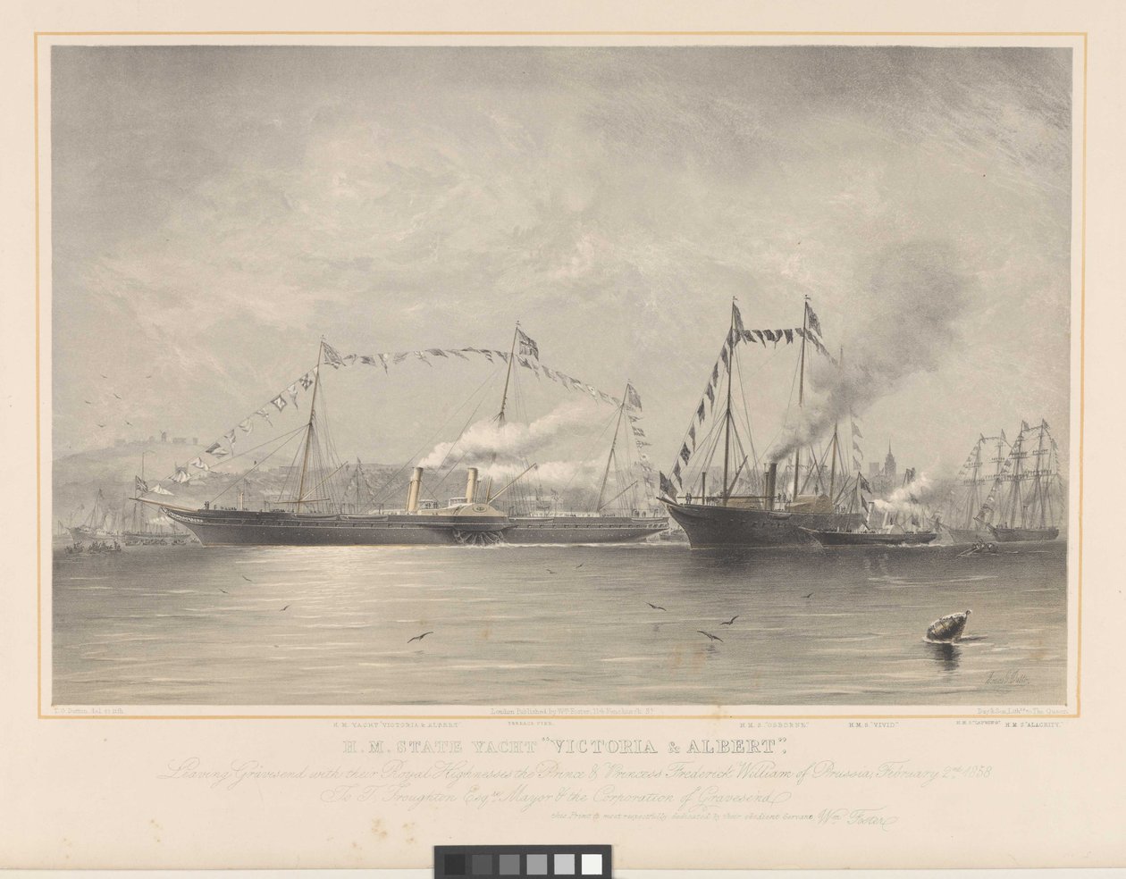 H.M. Staatsjacht Victoria & Albert, vertrekt uit Gravesend met hun Koninklijke Hoogheden de Prins en Prinses Frederik Willem van Pruisen, 2 februari 1858 door William Foster