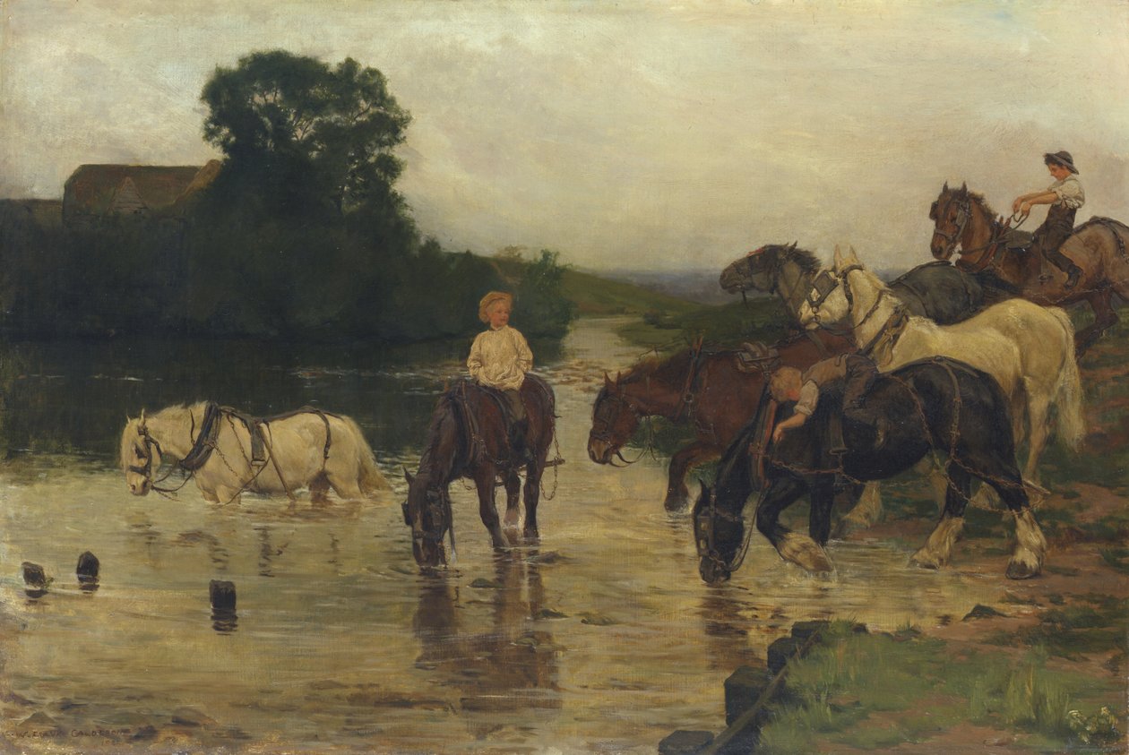 Paarden Baden na Werk, 1884 door William Frank Calderon