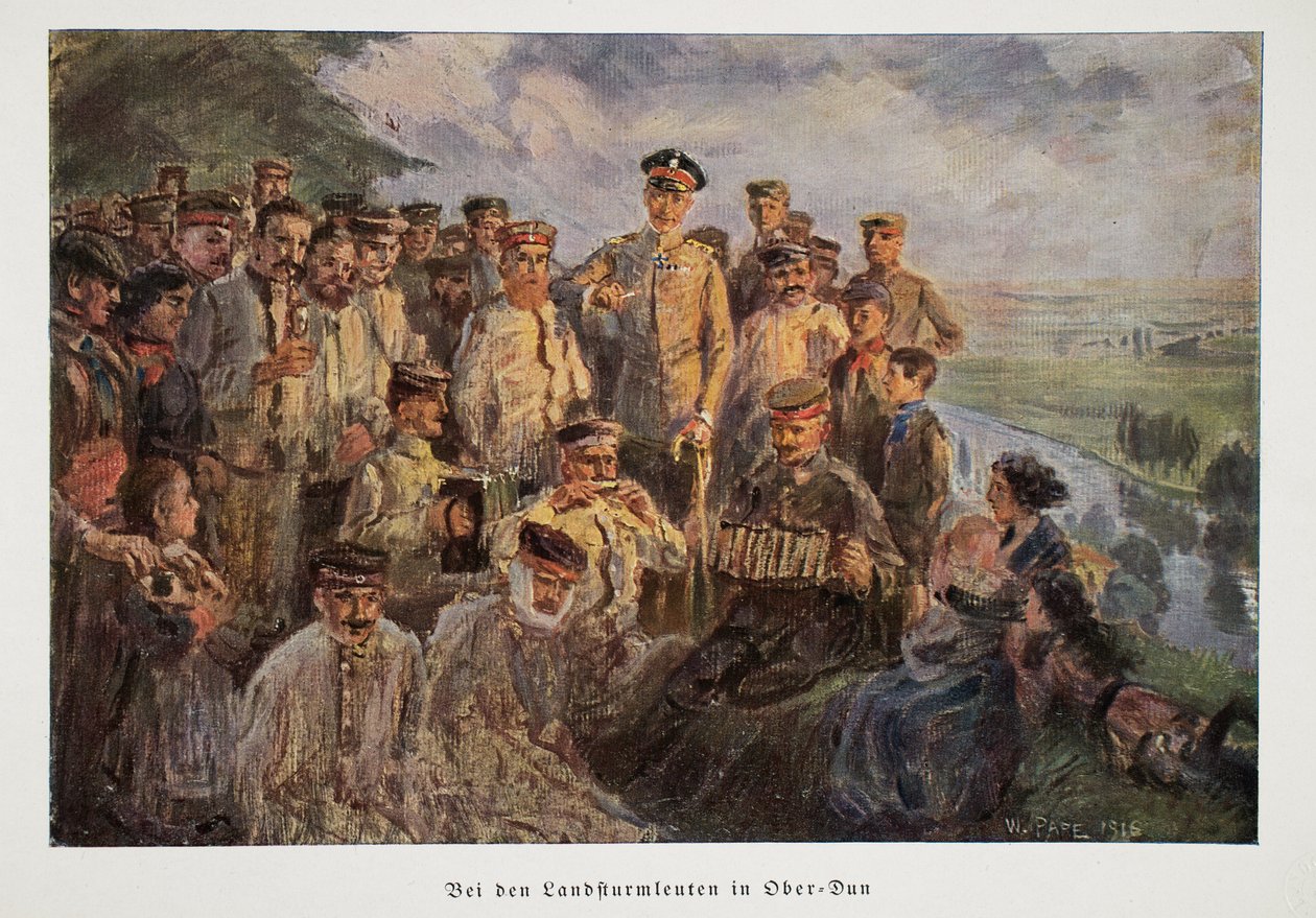 William, Kroonprins van Duitsland bezoekt troepen die ontspannen met hun families terwijl ze vrij zijn, pub. 1918 door William Friedrich Georg Pape