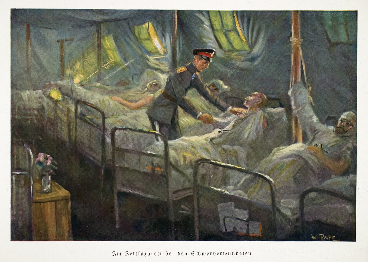 William, kroonprins van Duitsland bezoekt gewonde troepen in een veldhospitaal, gepubliceerd ca. 1917 door William Friedrich Georg Pape