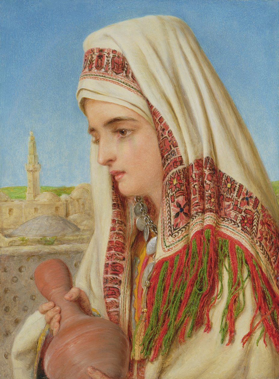 Een Arabische vrouw met een hoofddoek die een waterkruik draagt door William Gale