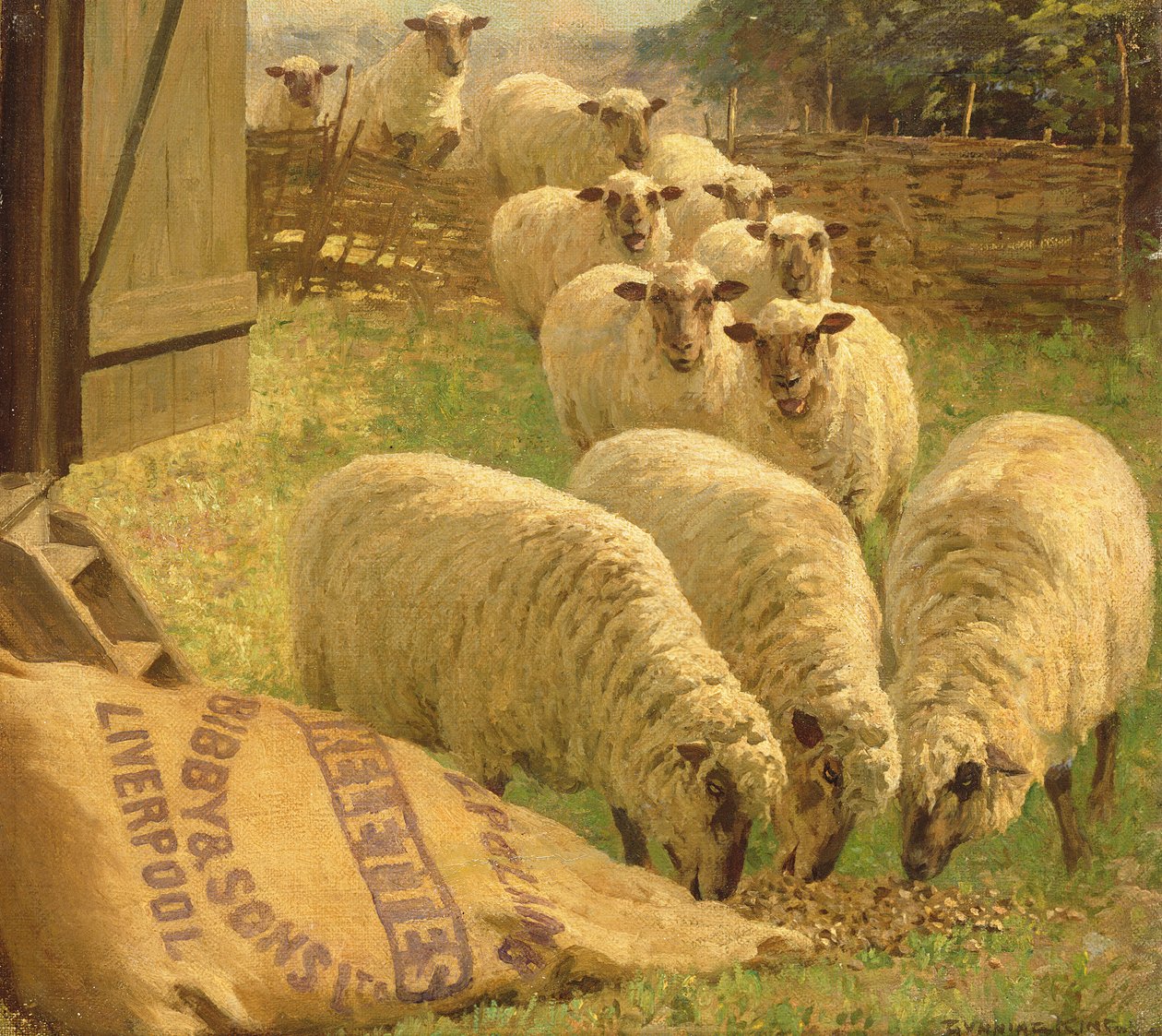 Schapen die eten uit een omgekeerde graanzak door William Gunning King
