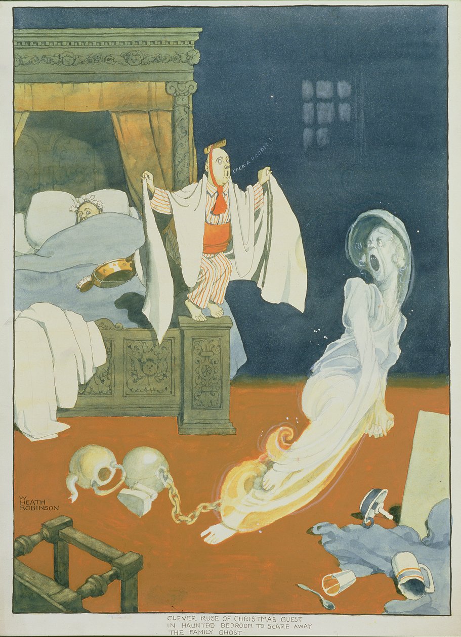 Slimme list van kerstgast in spookachtige slaapkamer om het familie spook weg te jagen door William Heath Robinson