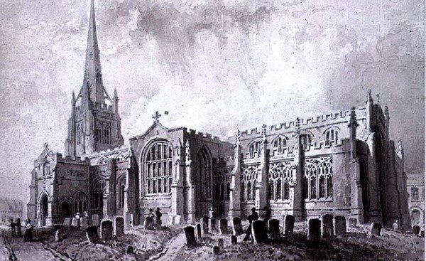 St. Johannes de Doper, Thaxted, Essex, uitzicht vanuit het zuidwesten door William Henry Bartlett