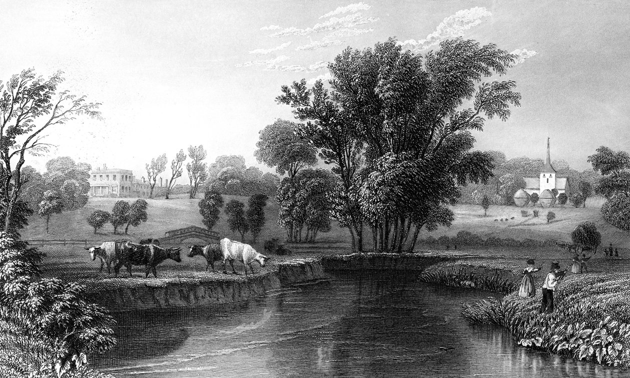 Stisted Hall en Kerk, Essex, gegraveerd door William Wallis, 1832 door William Henry Bartlett