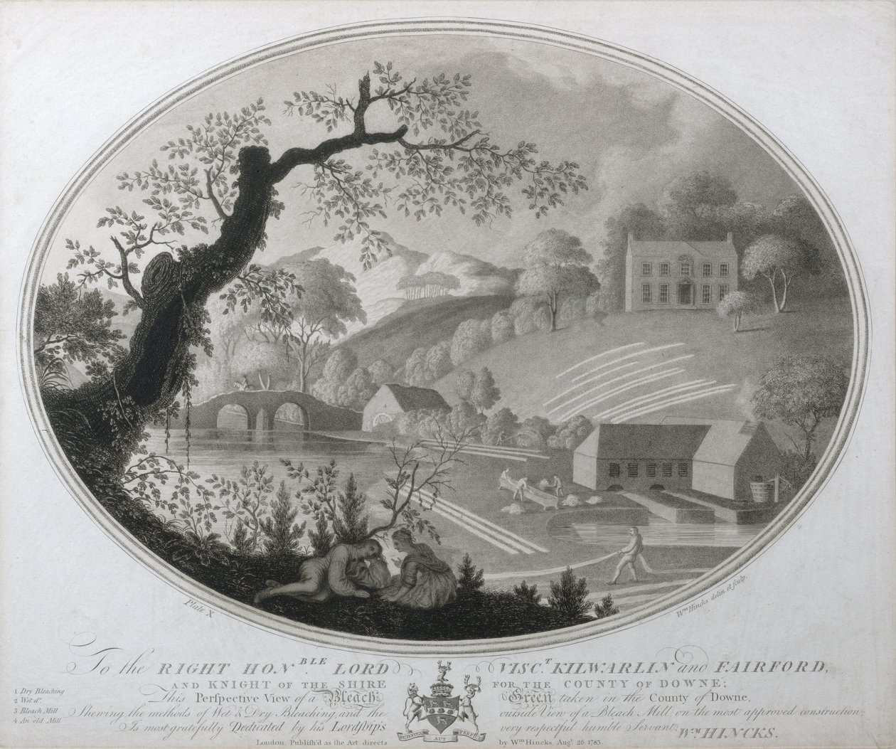 Perspectivisch Uitzicht op een Bleekgroen genomen in het Graafschap Downe, plaat X van De Linnenfabriek van Ierland, 1783 door William Hincks