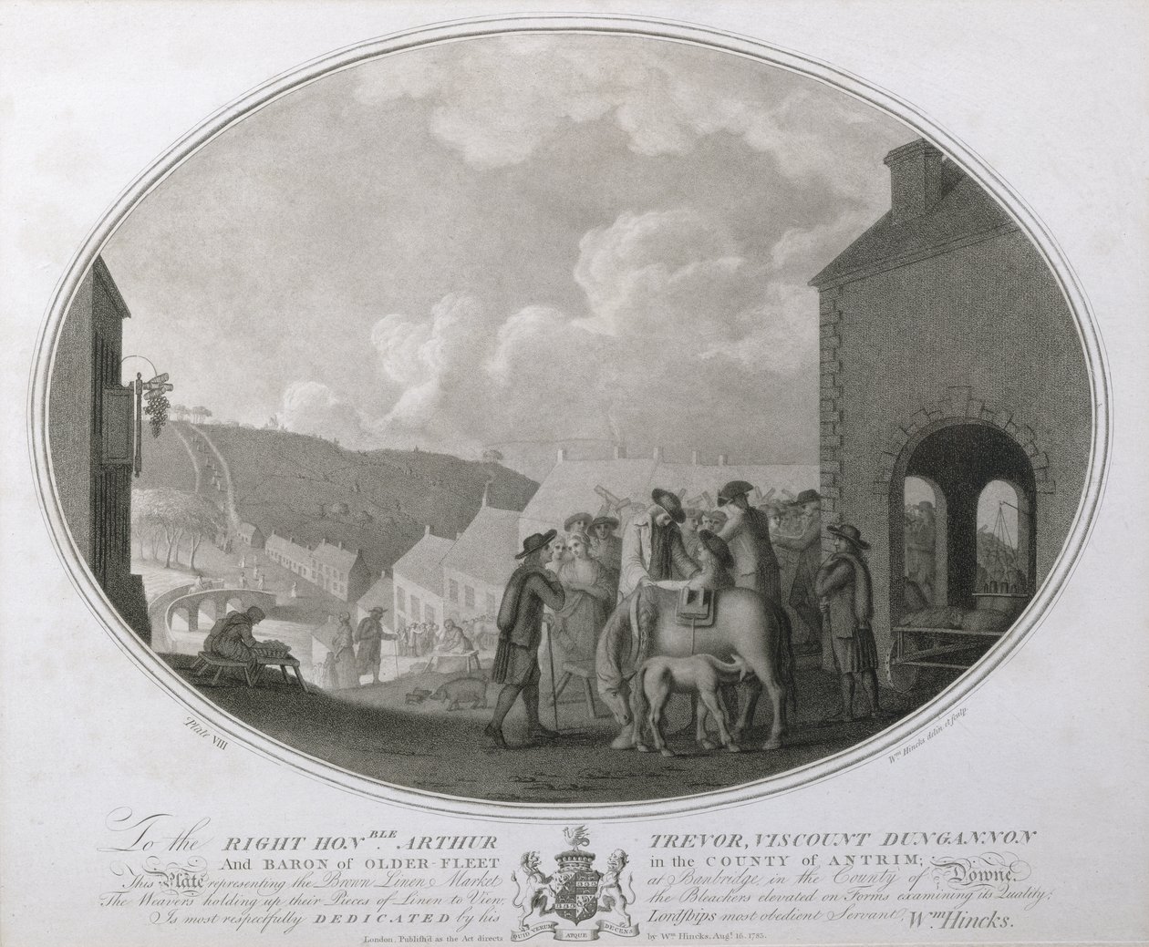 De Bruine Linnenmarkt in Banbridge in het Graafschap Antrim, plaat VIII van De Linnenfabriek van Ierland, 1783 door William Hincks