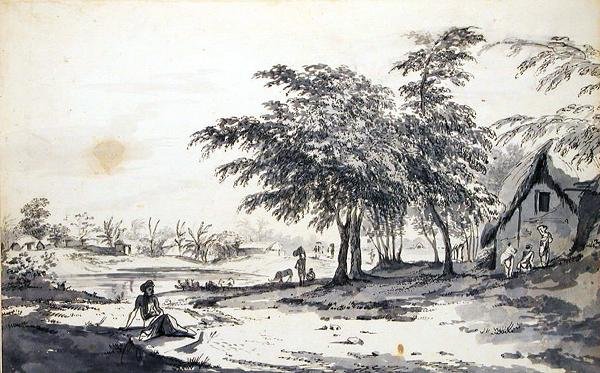 Uitzicht op een Indiaas Dorp met een Man Zittend op de Voorgrond door William Hodges