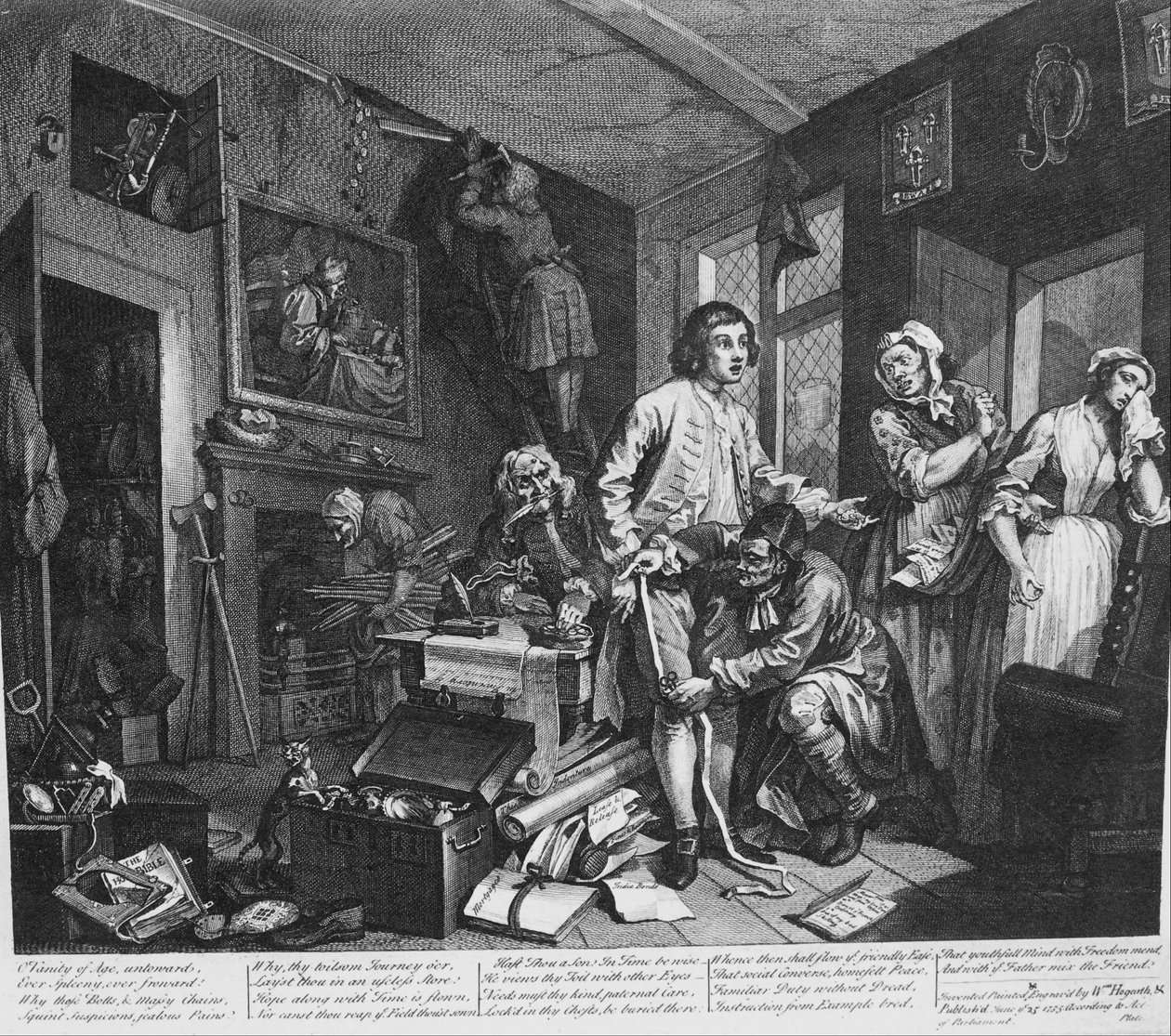 Een Rakes Progress, Plaat 1, De Jonge Erfgenaam Neemt Bezit van de Bezittingen van de Vrek door William Hogarth