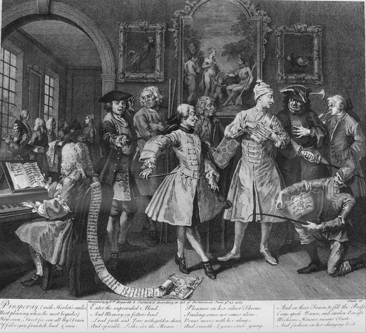 Een losbandig leven, plaat 2, omringd door kunstenaars en professoren door William Hogarth