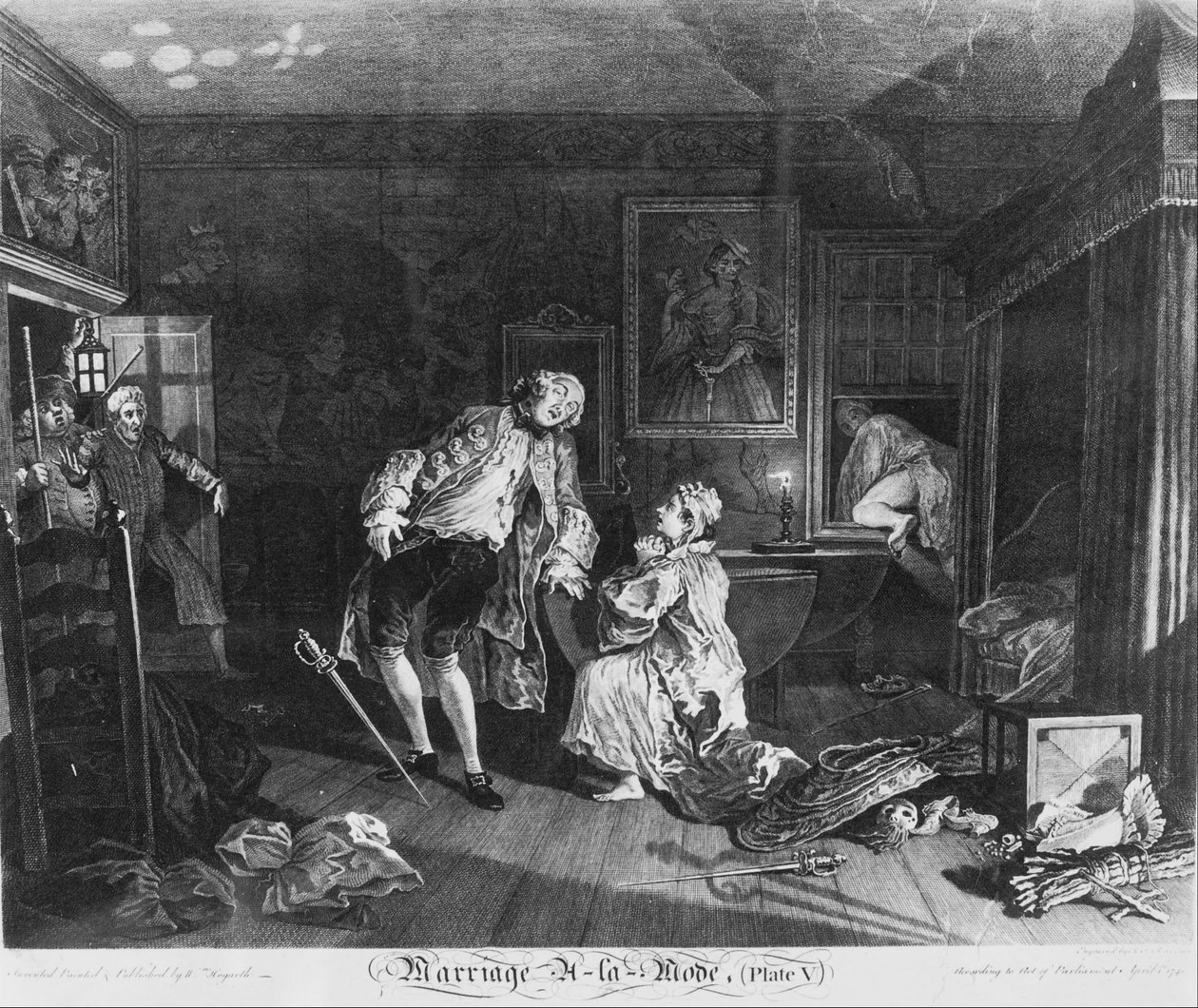 Huwelijk à la Mode, plaat 5, (De dood van de graaf) door William Hogarth