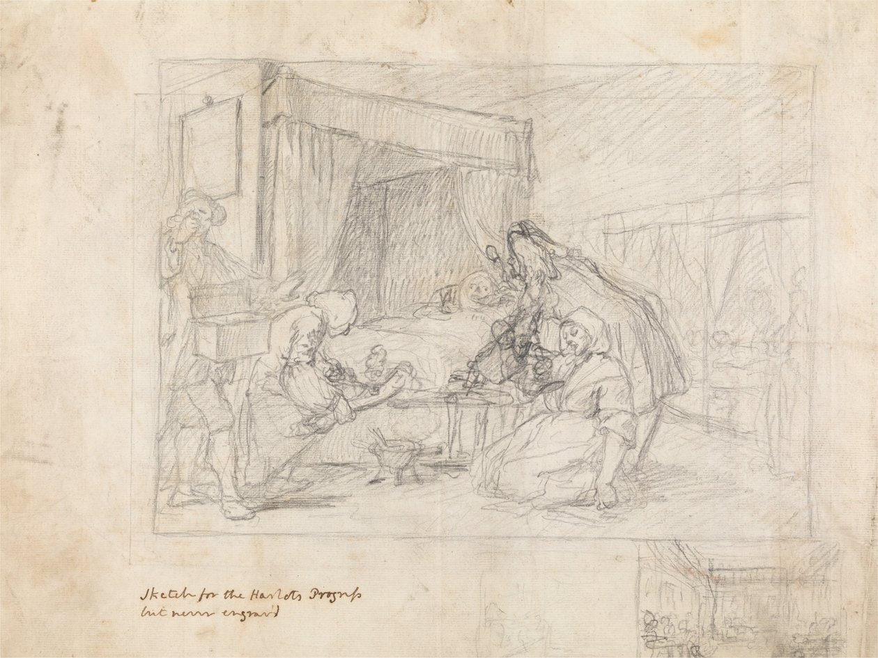 Operatiescène in een ziekenhuis met aanvullende schetsen in de marge rechtsonder door William Hogarth
