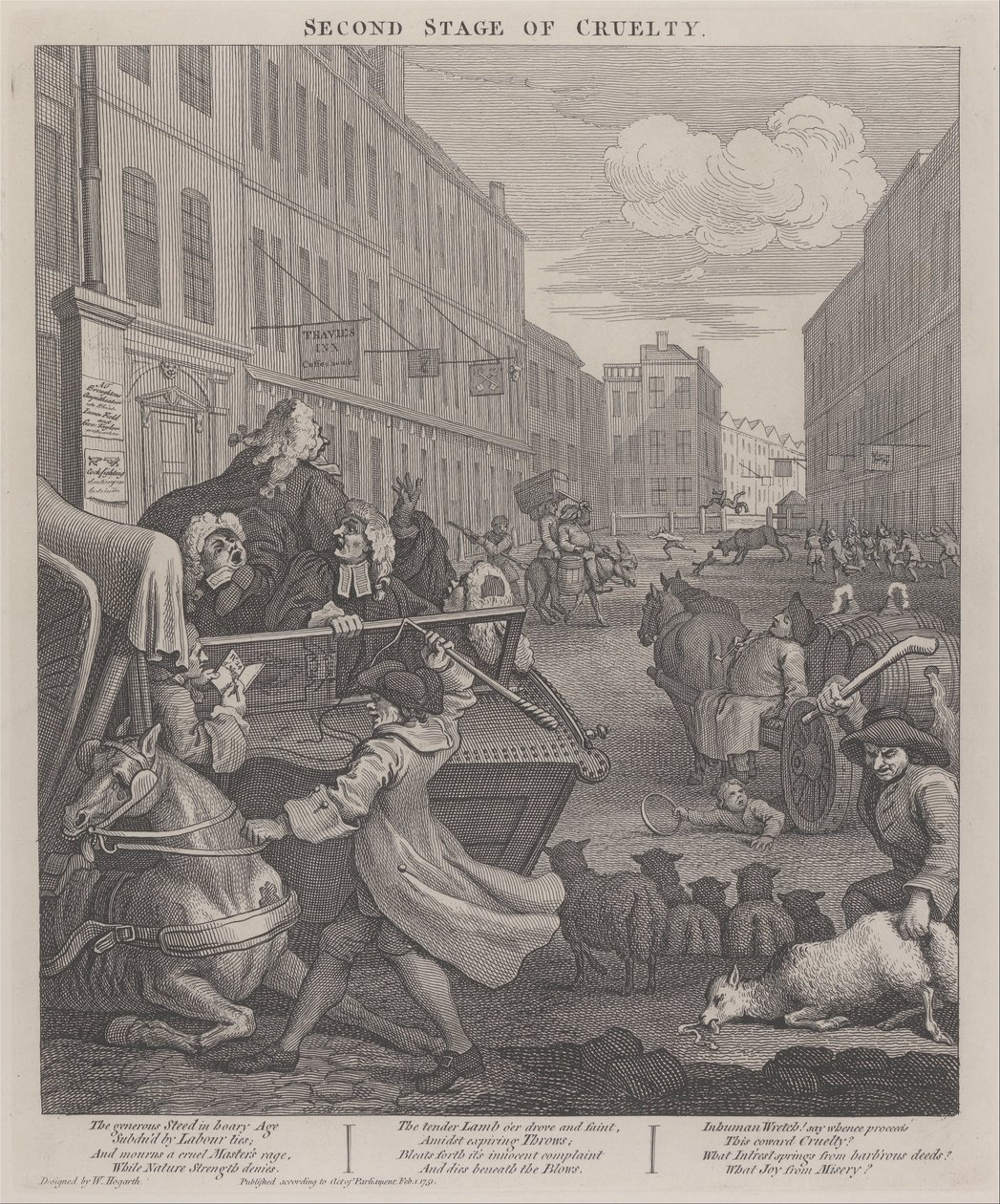 De tweede fase van wreedheid - Koetsier die een gevallen paard slaat door William Hogarth
