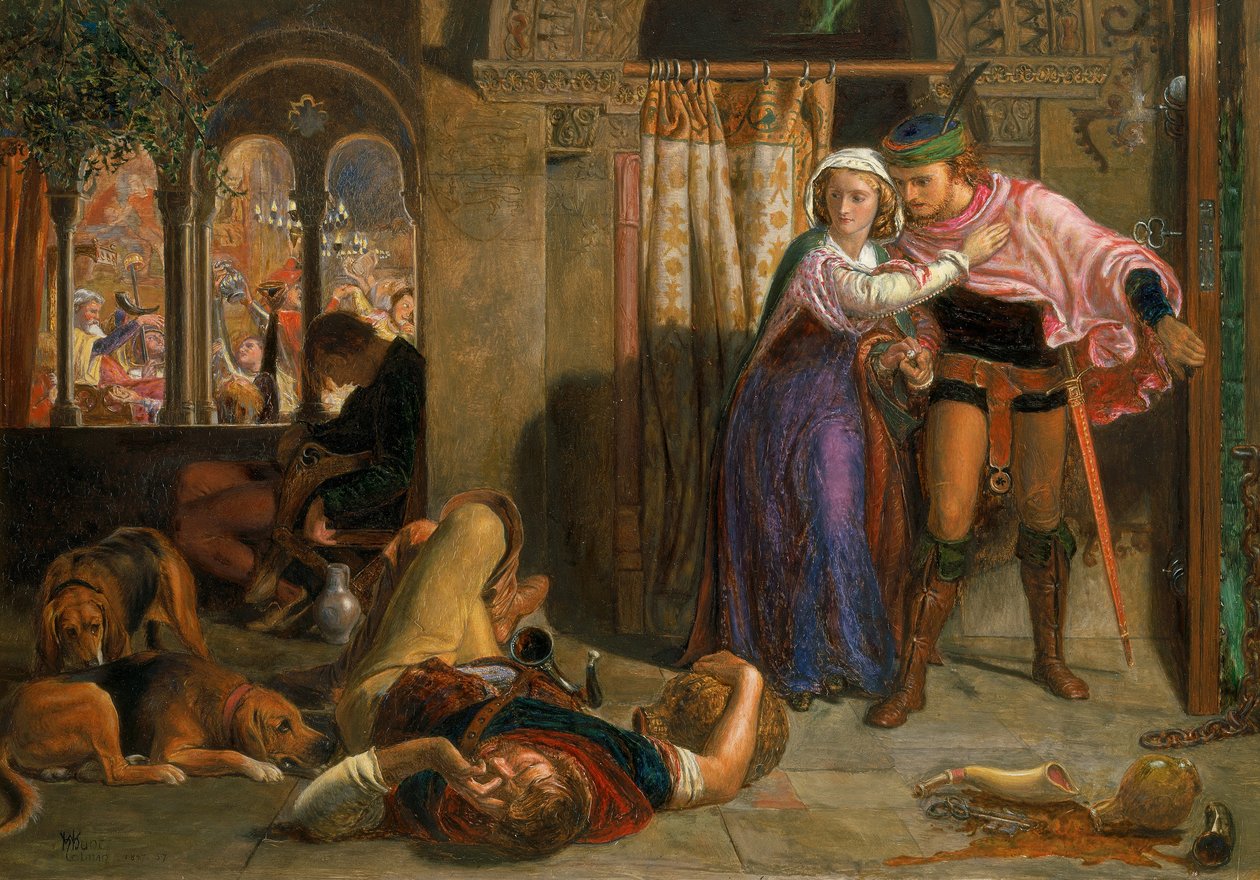 De vlucht van Madeline en Porphyro tijdens de dronkenschap van het feest (De vooravond van Sint Agnes) door William Holman Hunt