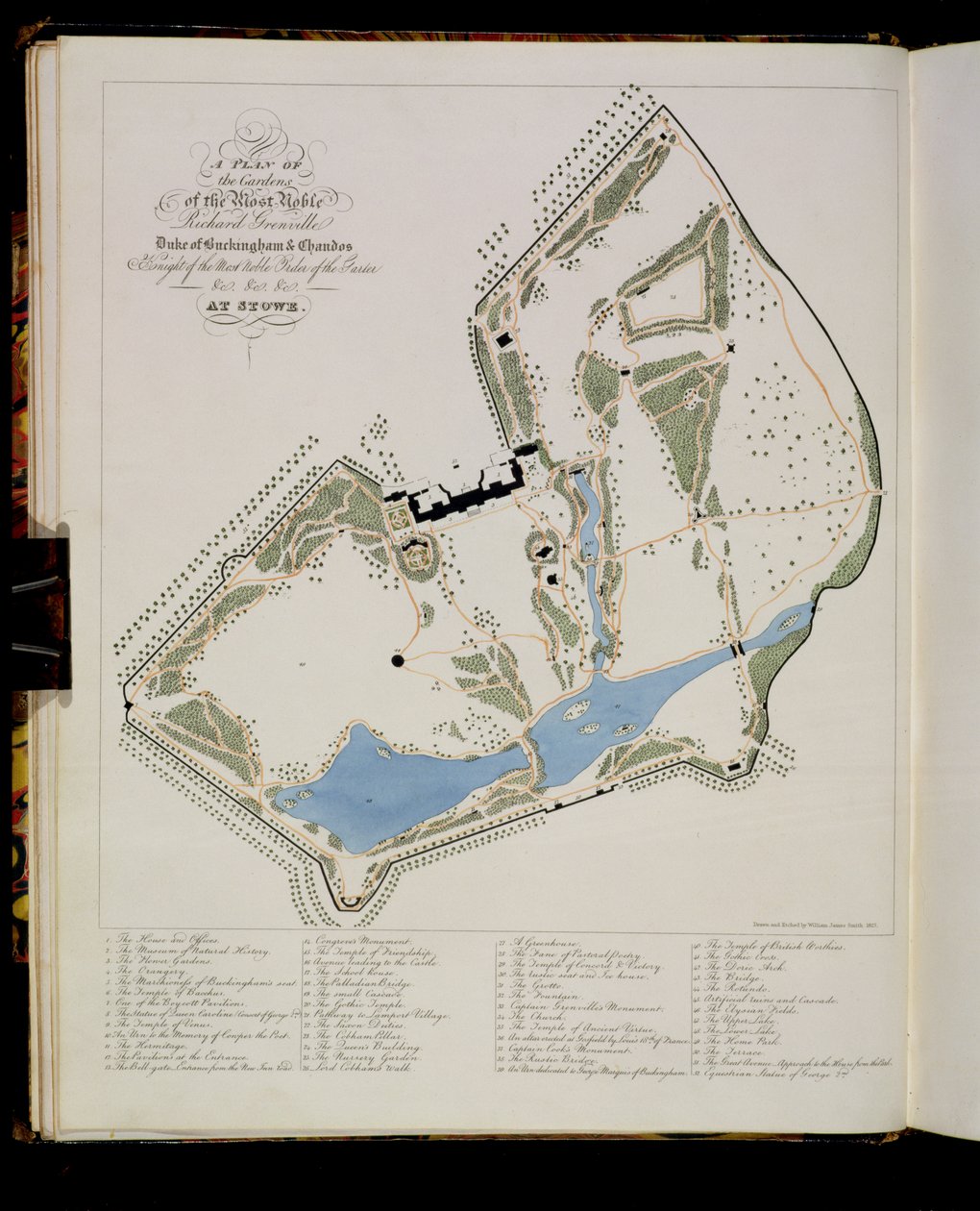 Een plan van de tuinen van Richard Grenville, hertog van Buckingham, in Stowe, geëtst door de kunstenaar, 1827 door William James Smith