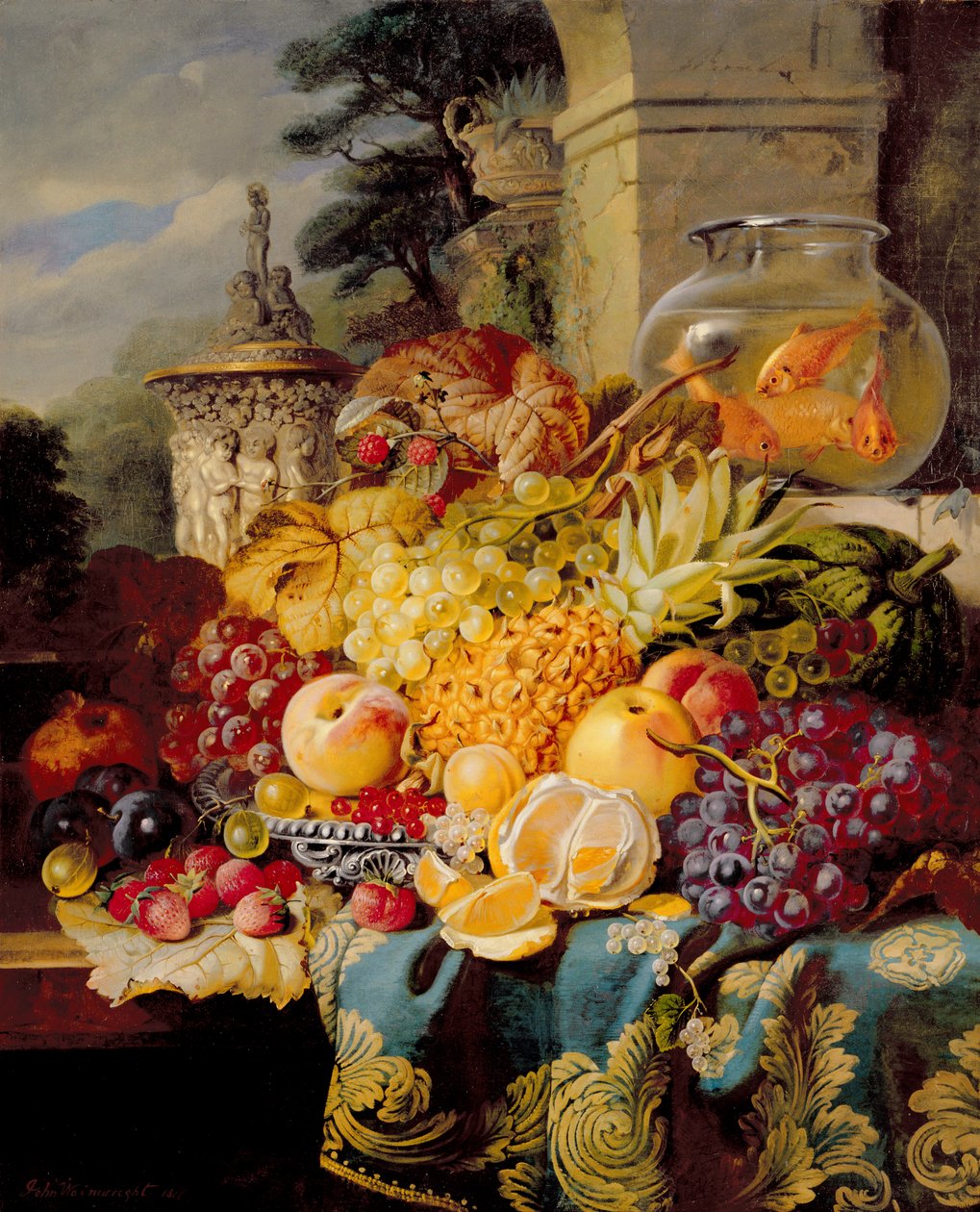 Stilleven van fruit op een richel met een vissenkom, 1876 door John Wainwright