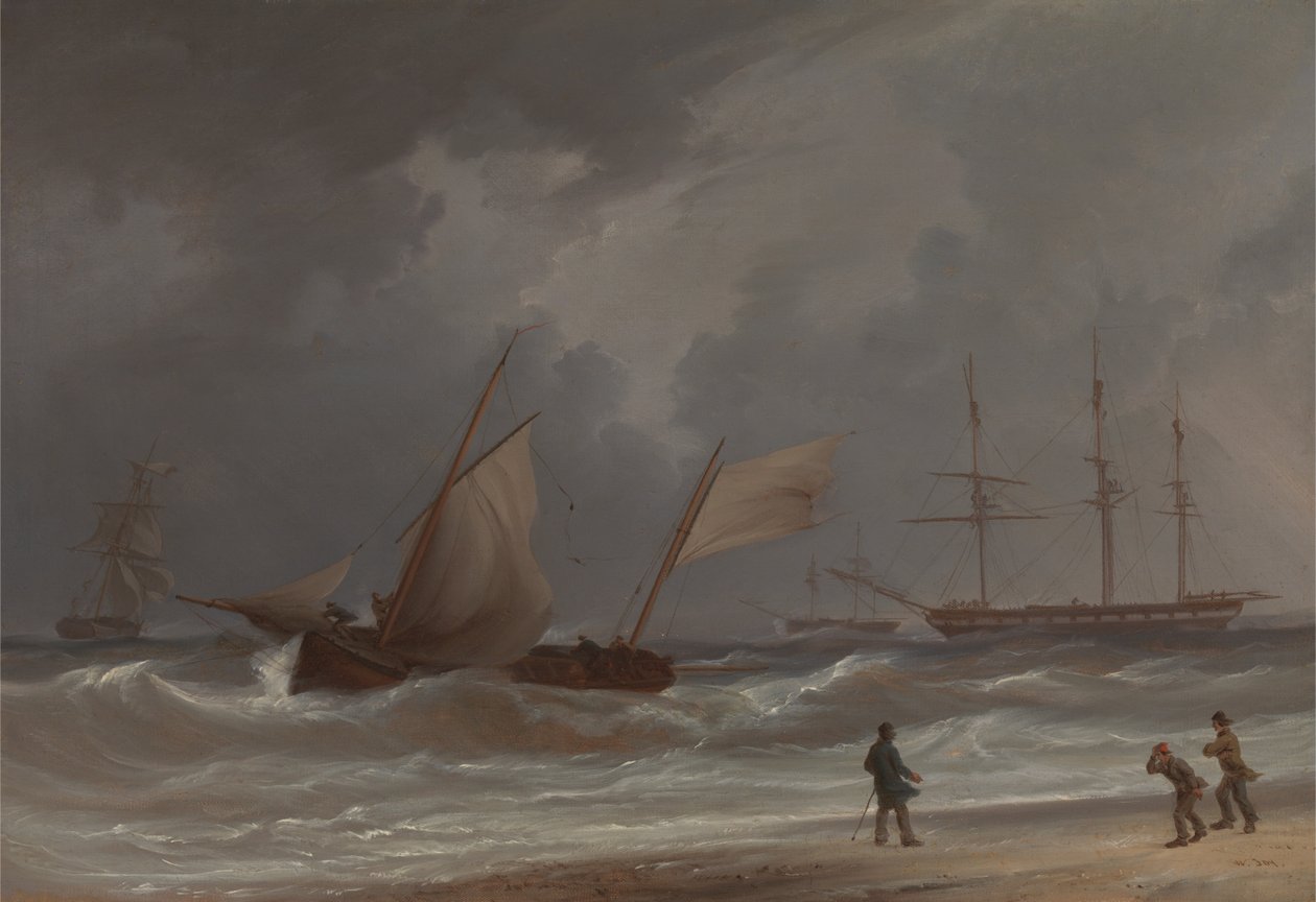 Een jol die aan land vaart in een storm door William Joy