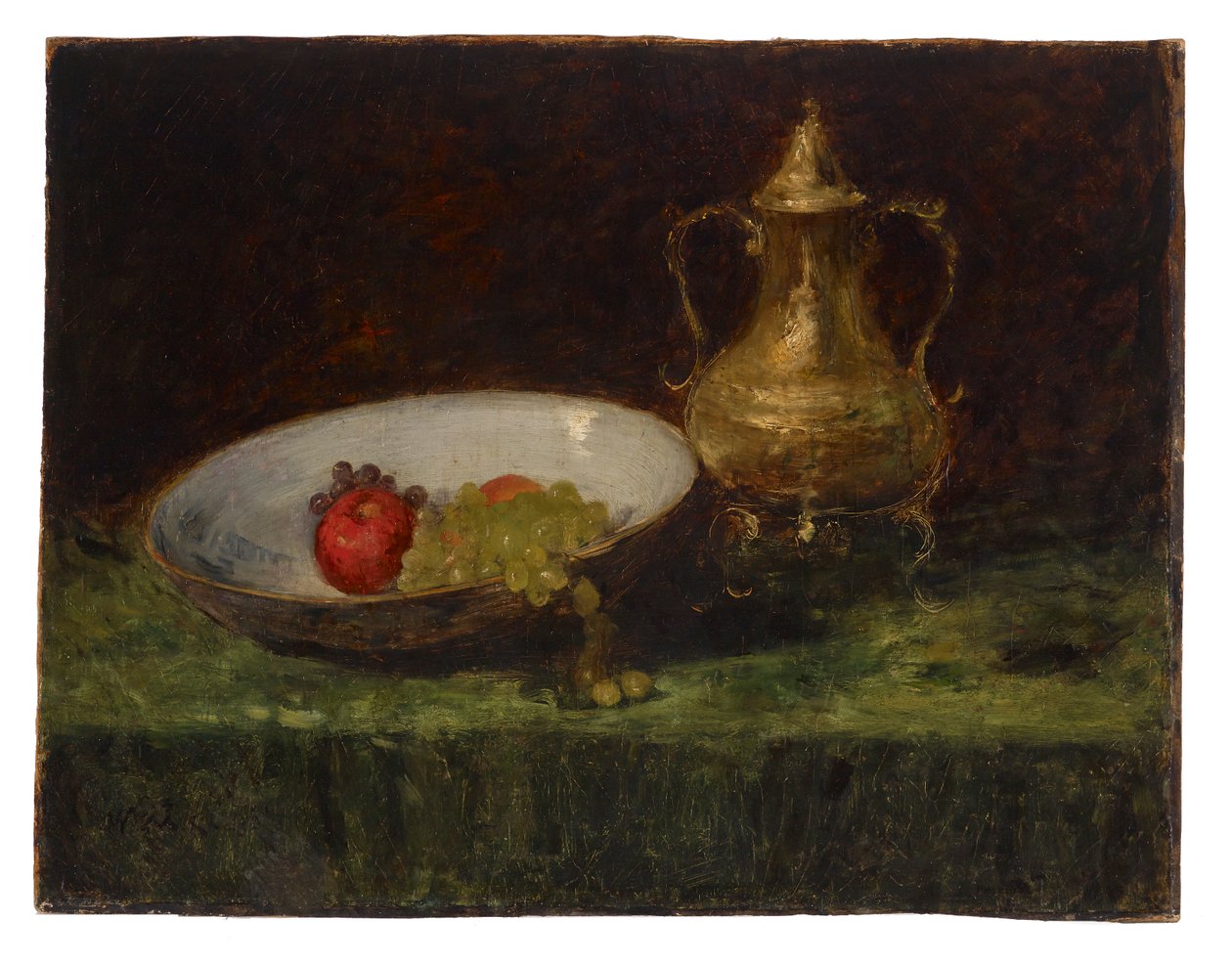 Stilleven (Fruit en koperen pot) door William Merritt Chase