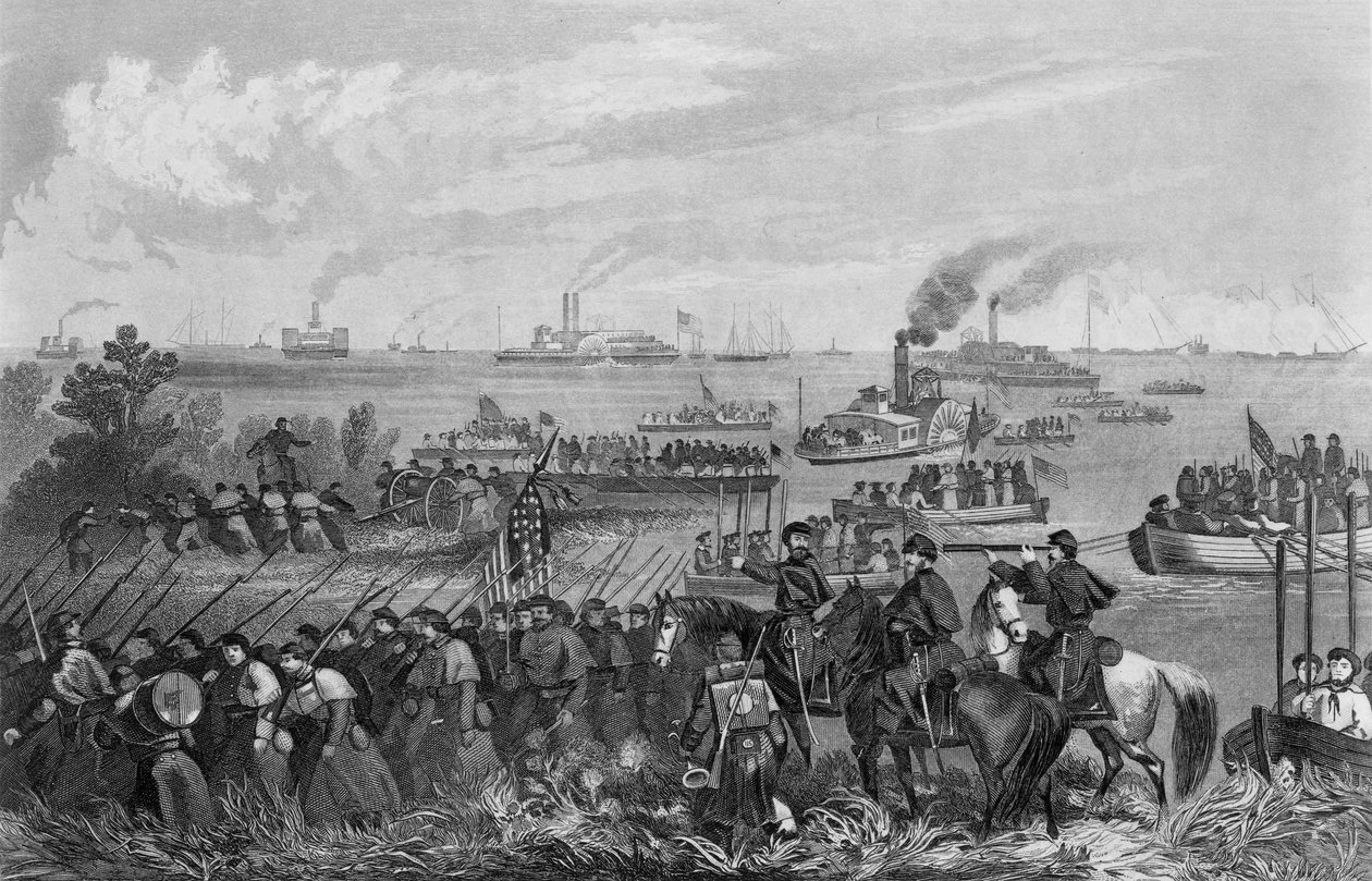 Landing van troepen op Roanoke Island, Burnside Expeditie, 8 februari 1862, gegraveerd door George E. Perine door William Momberger