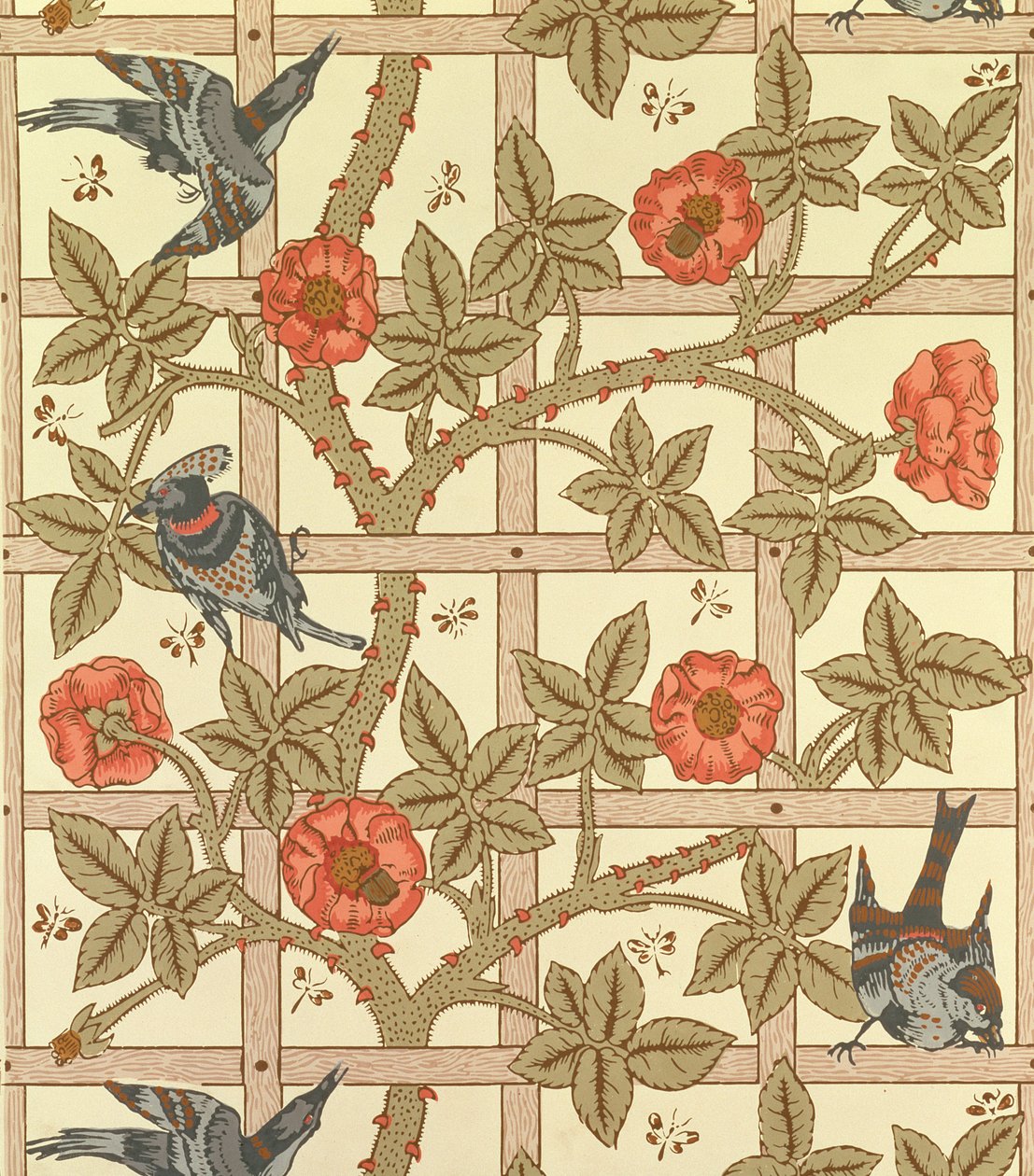 Blauw en oranje traliewerk behangontwerp, 1864 door William Morris