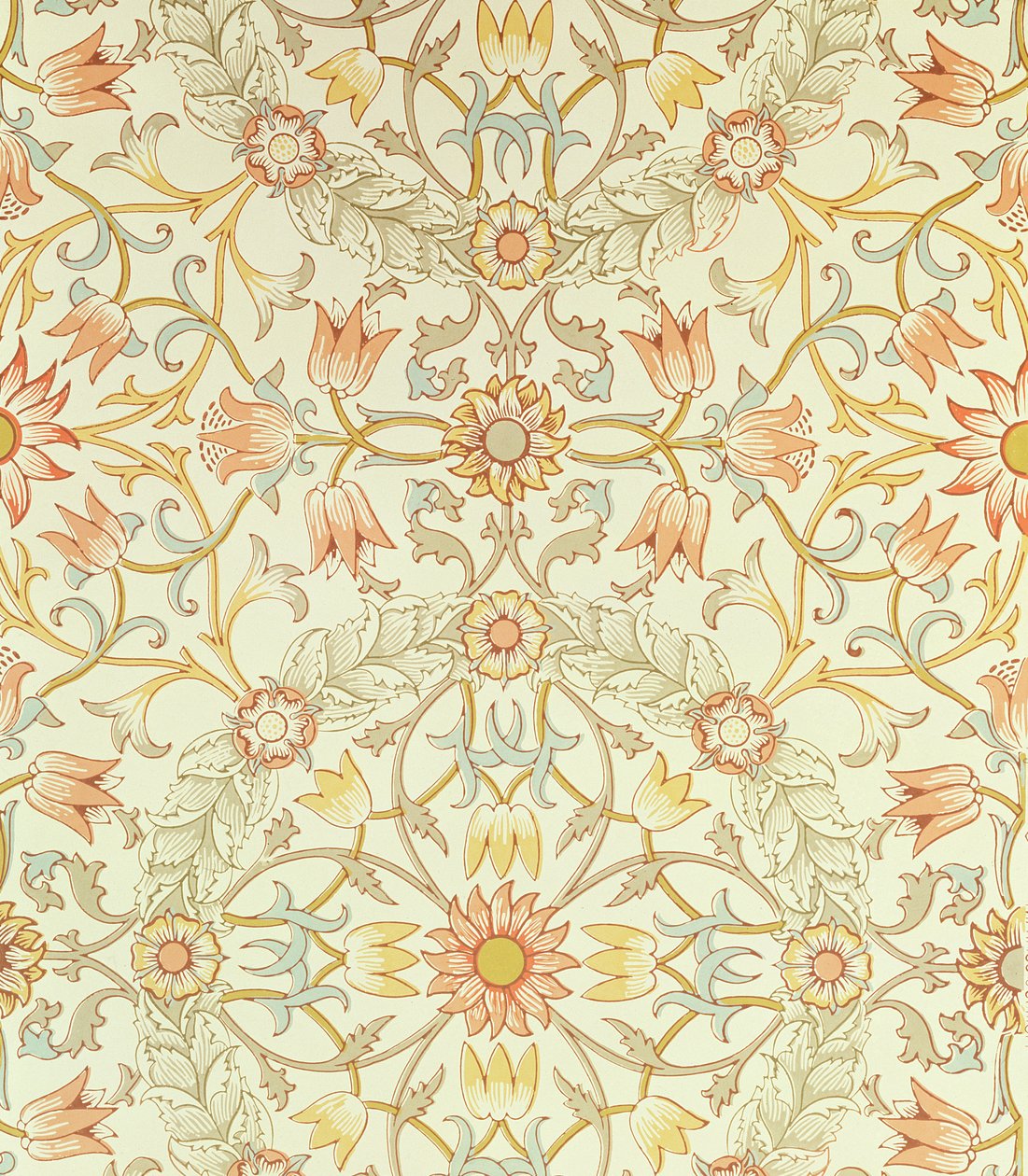 Behang met een bloemmotief van lelies omgeven door rozen, ontworpen door William Morris door William Morris