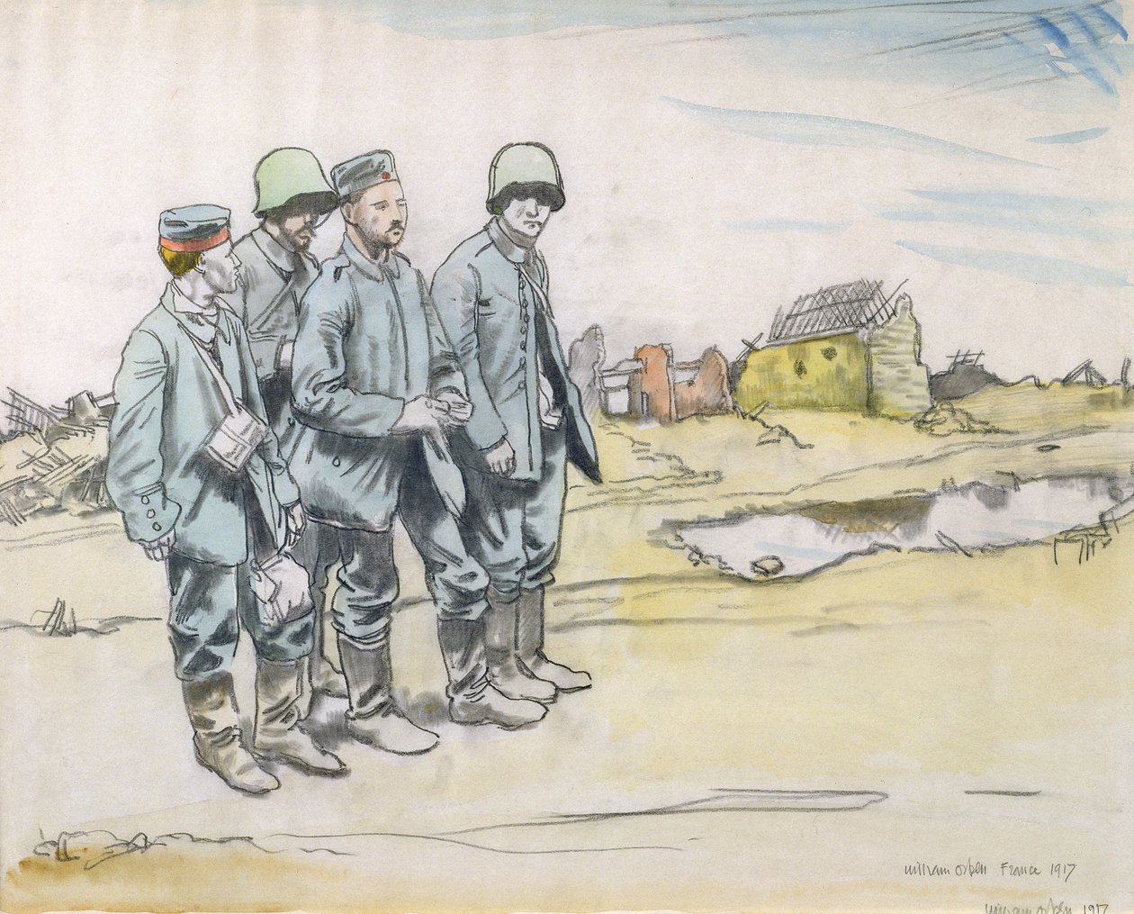 Vier Duitse gevangenen bij een Frans dorp, 1917 door William Orpen