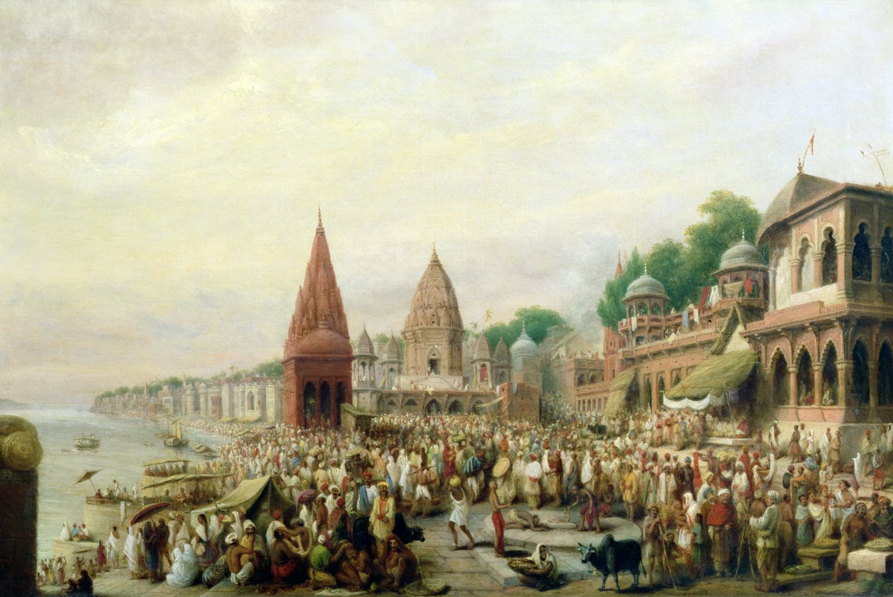 Een Uitzicht op Dasaswanadh Ghat, Benares, tijdens het Dassera Festival door William Prinsep