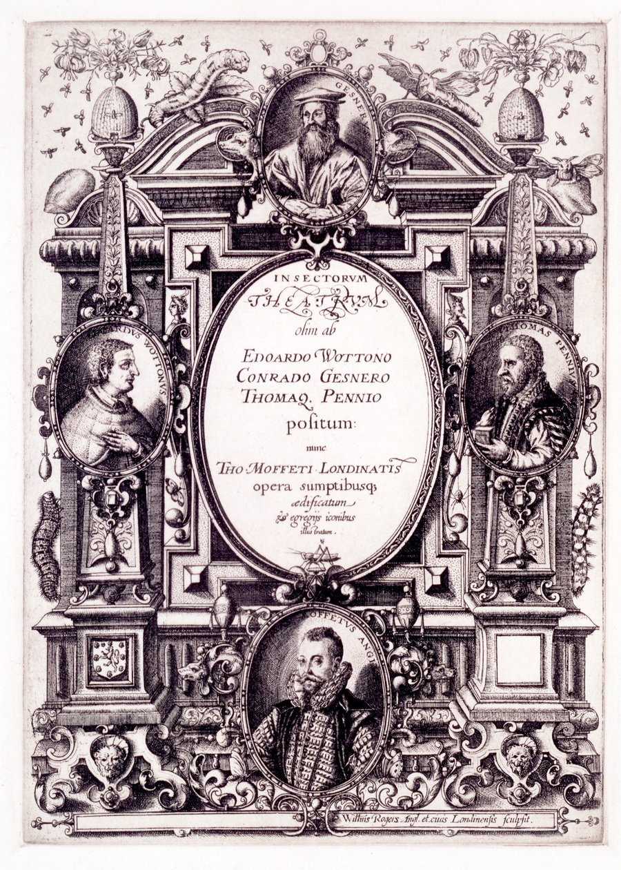Titelpagina van Moffeti Theatrum Insectorum, eind 1590s door William Rogers