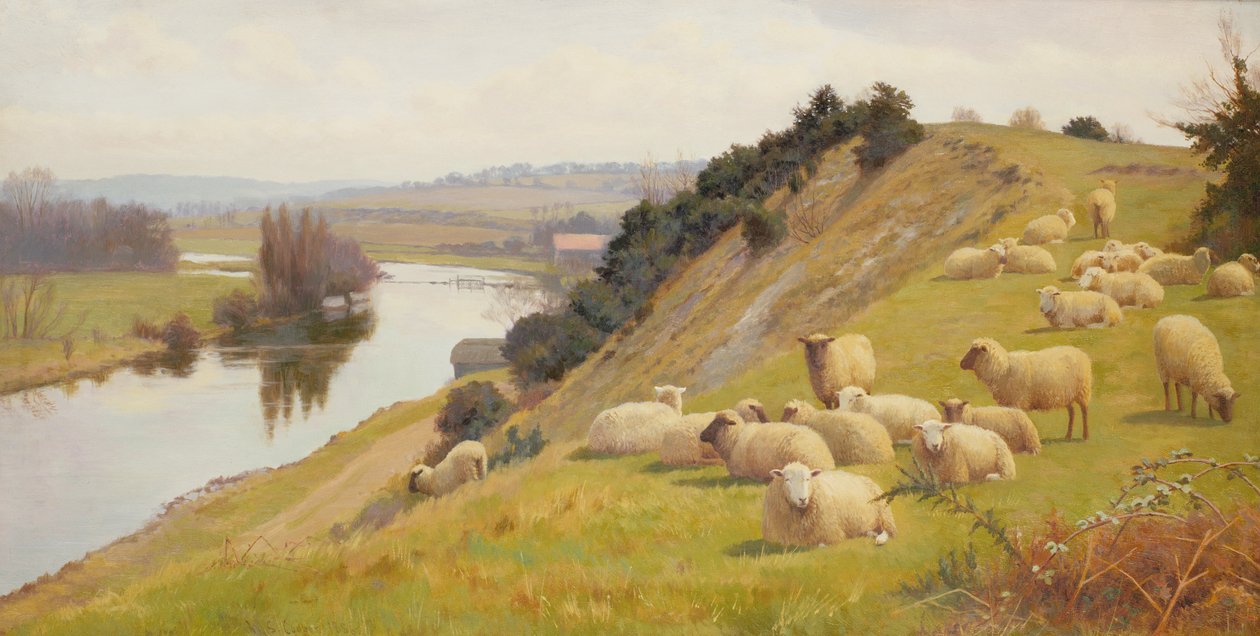 Een weide aan de rivier met schapen door William Sidney Cooper