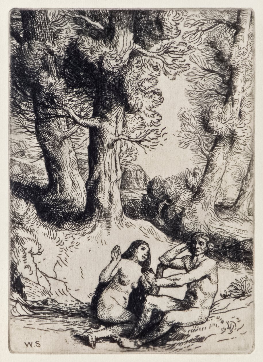 Adam wijst de troost van Eva af uit Paradise Lost van John Milton, een serie van 12 illustraties geëtst door William Strang door William Strang