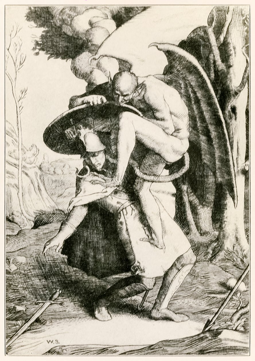 Christen vecht tegen Apollyon uit De Christenreis naar de Eeuwigheid door John Bunyan, illustratie door William Strang door William Strang