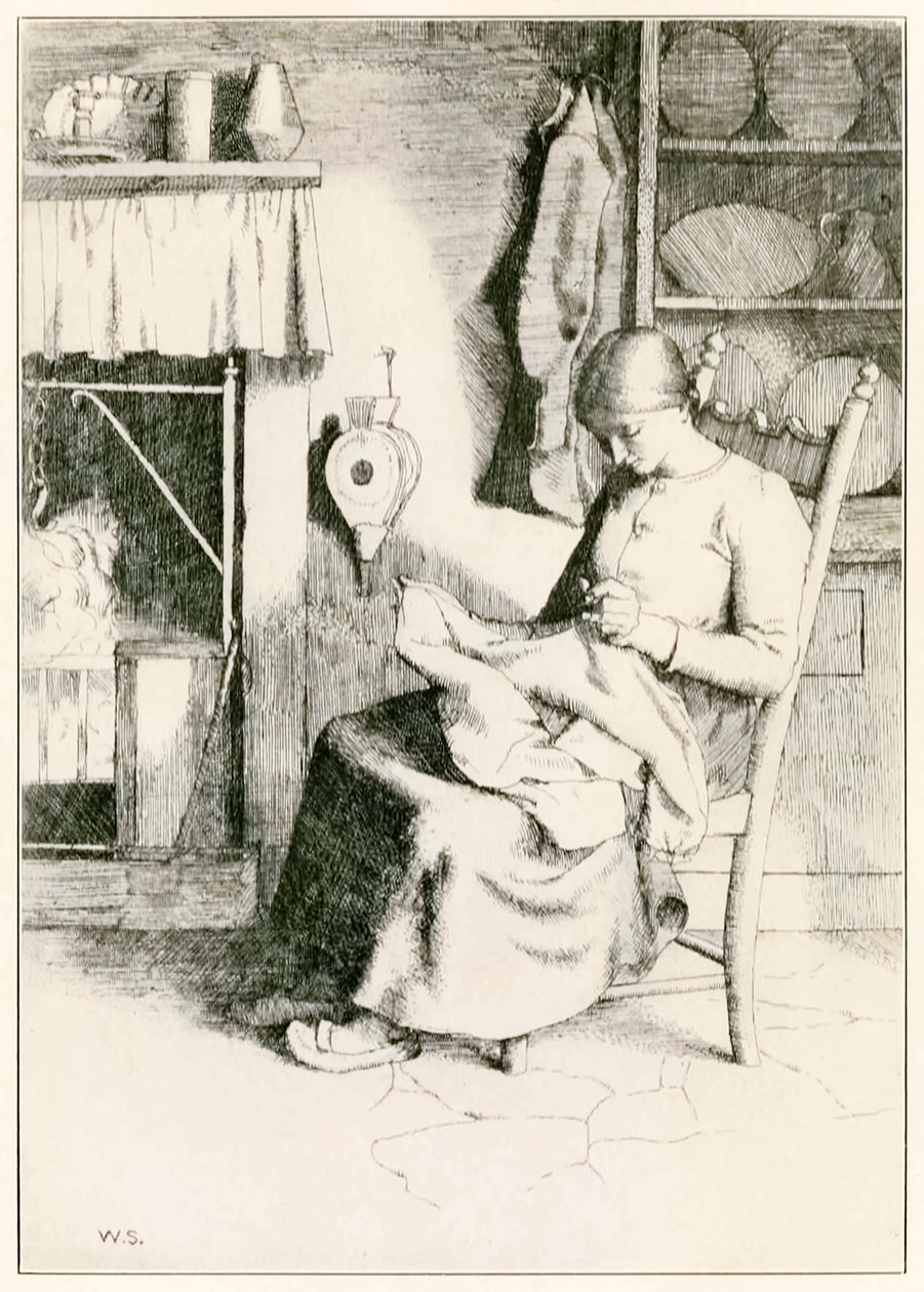 Mercy aan het werk uit De Christenreis naar de Eeuwigheid door John Bunyan, illustratie door William Strang door William Strang