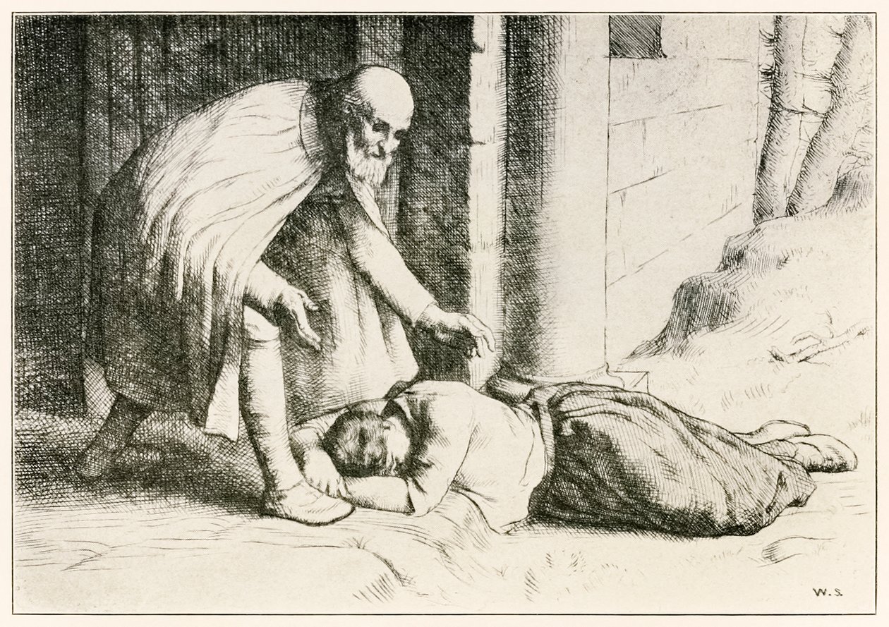Mercy valt flauw voor de poort uit De Christenreis naar de Eeuwigheid door John Bunyan, illustratie door William Strang door William Strang