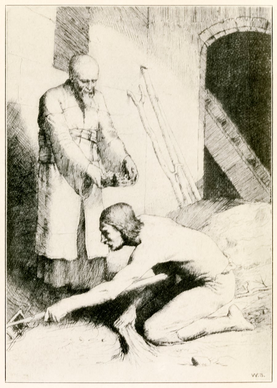 De man met de mestvork uit De Christenreis naar de Eeuwigheid door John Bunyan, illustratie door William Strang door William Strang