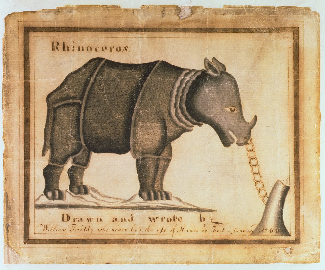Neushoorn, getekend en geschreven door William Twiddy die nooit handen of voeten heeft gebruikt, 1 juni 1744 door William Twiddy