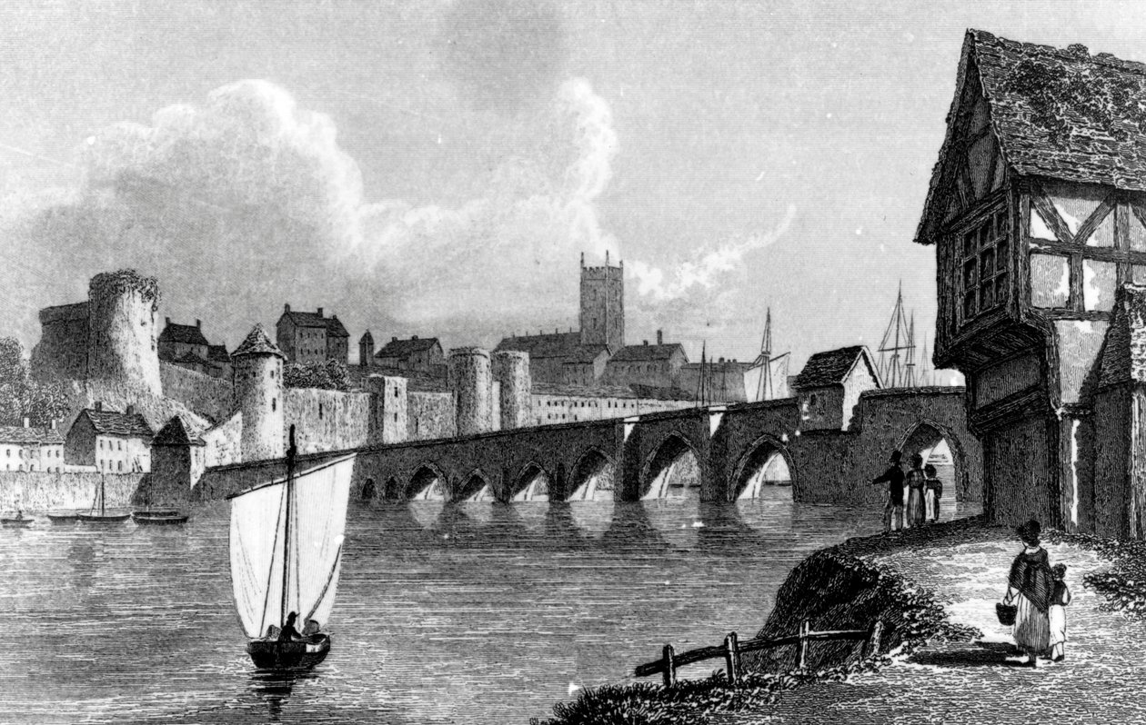 Kasteel en stad Limerick, gegraveerd door E. Finden, 1829 door William Westall