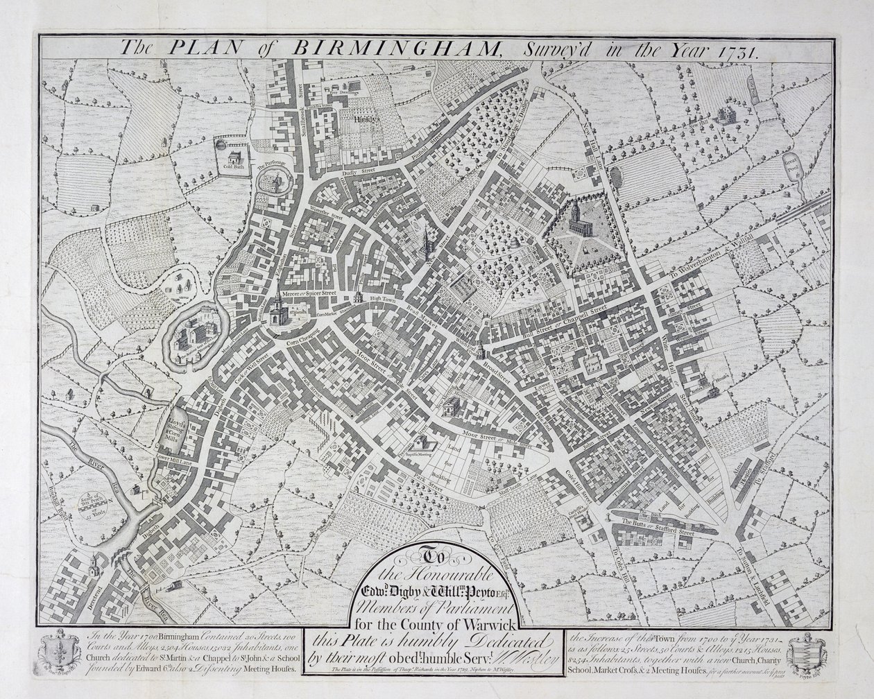Plan van Birmingham, 1731, gepubliceerd 1789 door William Westley