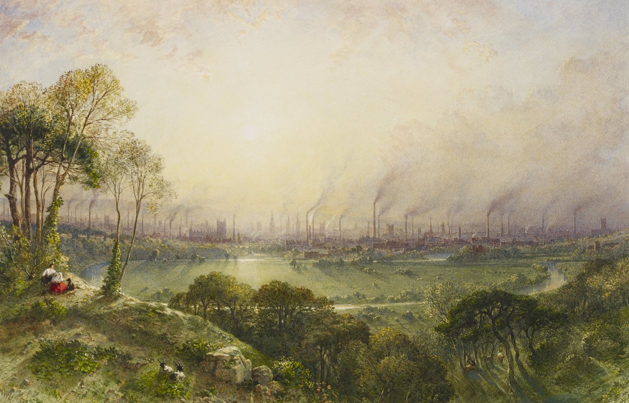 Manchester vanaf Kersal Moor, met rustieke figuren en geiten door William Wyld