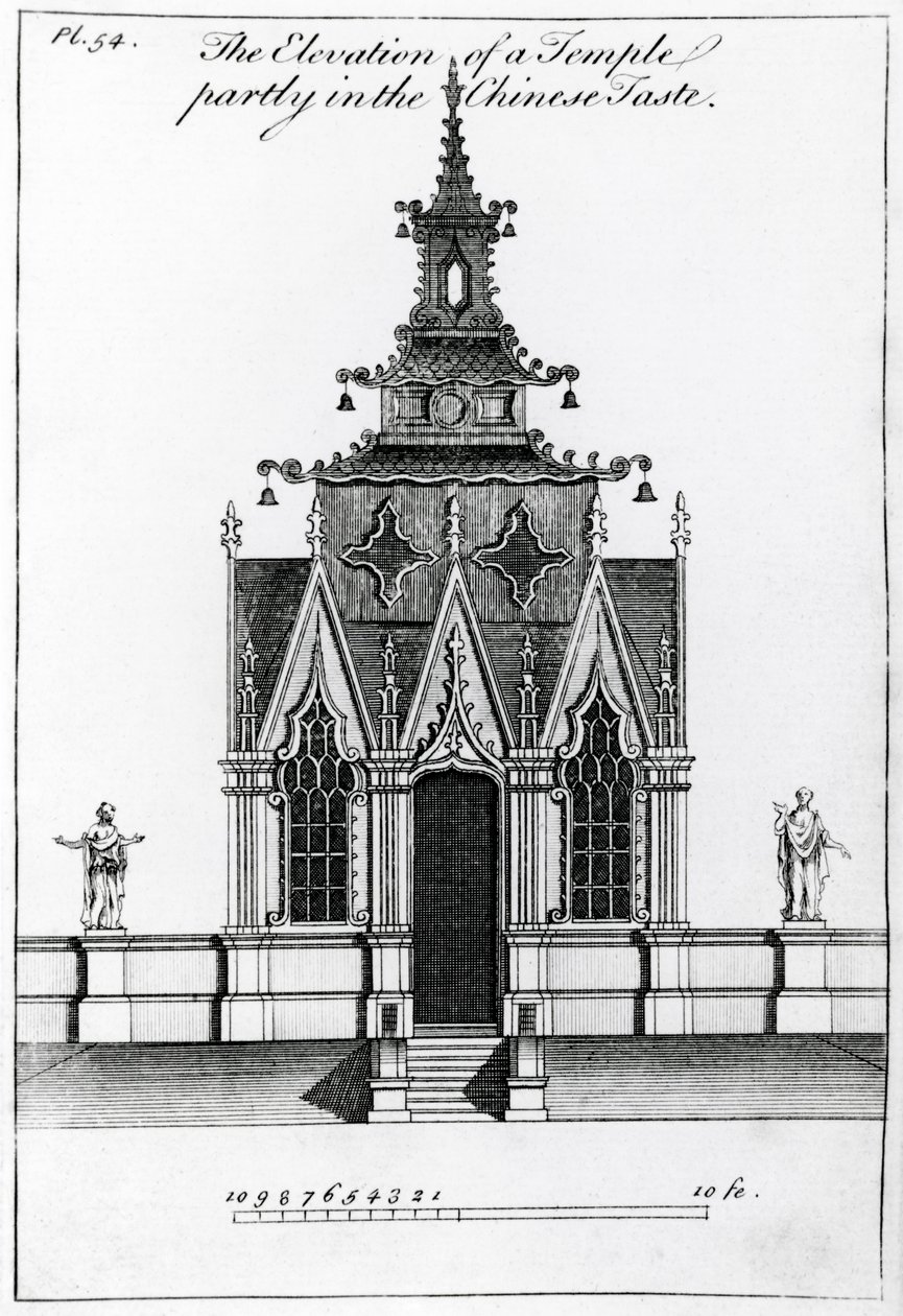 De verhoging van een tempel deels in Chinese stijl, uit New Designs for Chinese Temples door William after Halfpenny